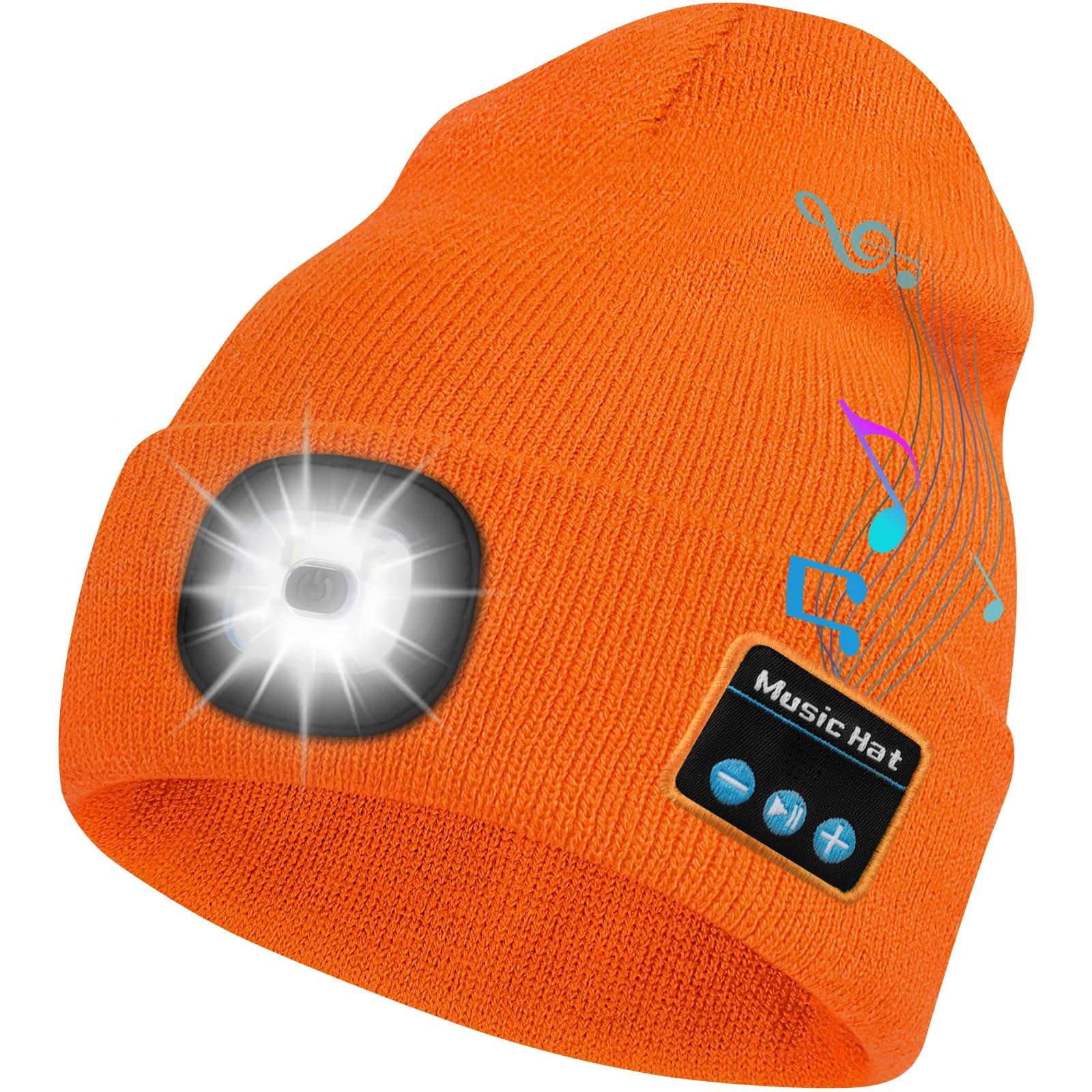 Bosttor Bluetooth Beanie Hat with Light, Headlamp Cap with Headphones and Built-in Speaker Mic, Gifts for Men Women Teen Orange 1