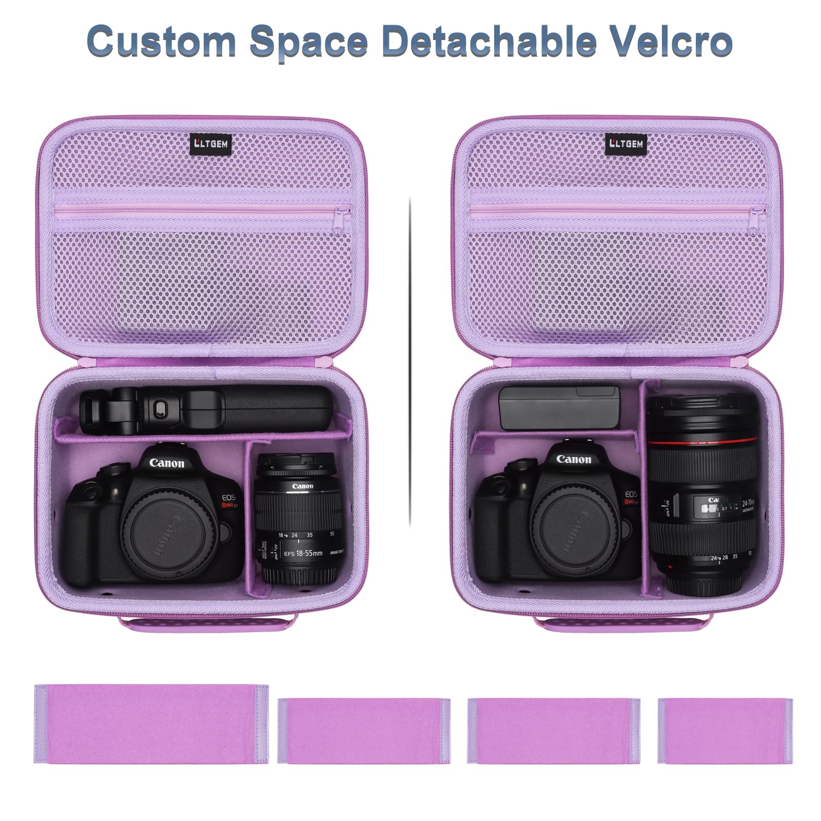 L LTGEM Camera Case Compatible with Canon EOS Rebel T7 / R100 / R50 / R5 / R6 Mark II / R7 / R8 / 90D / 5D Mark IV, Sony, Nikon DSLR Camera, Lens, Tripod, Pink & Purple 6