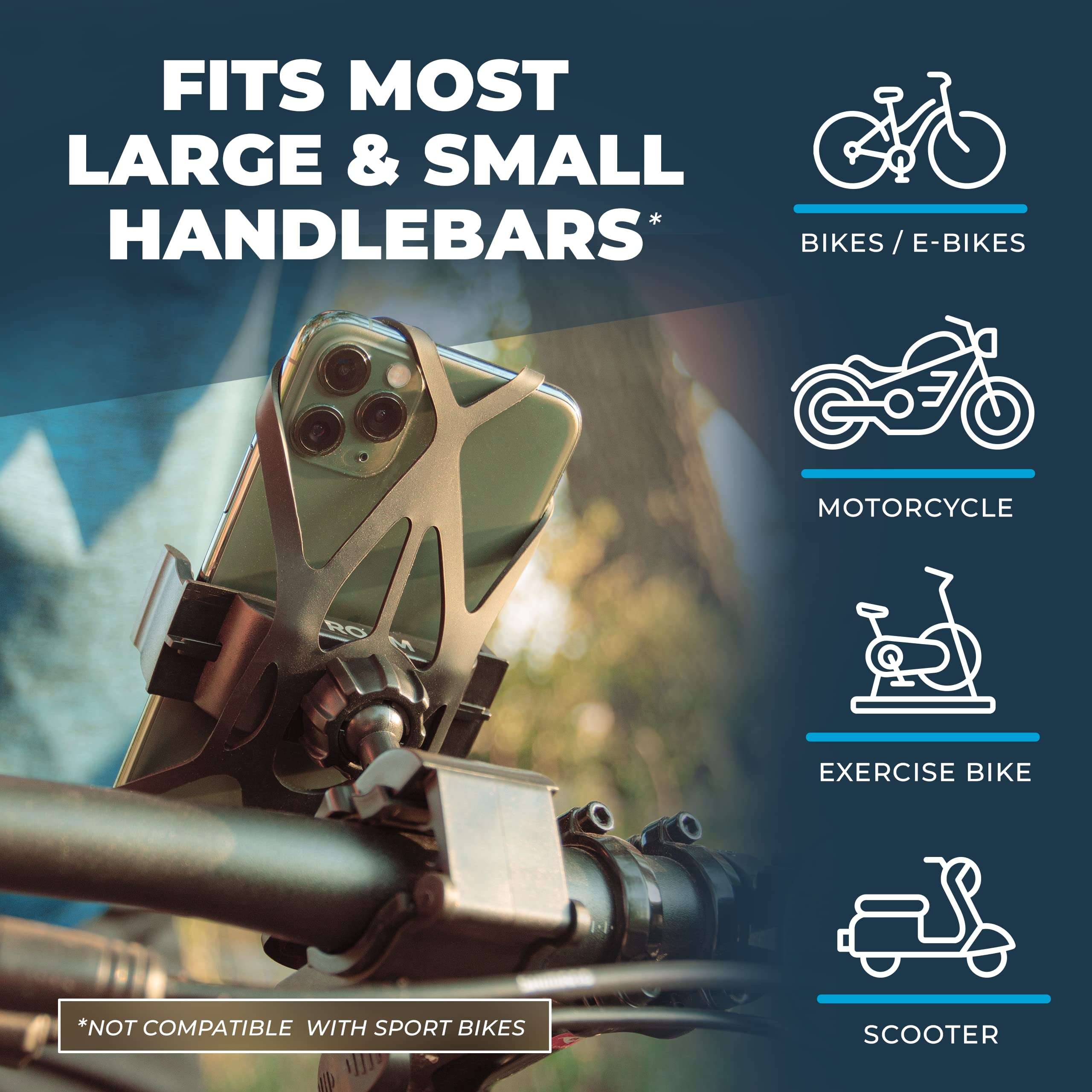 Roam Universal Black Net Bike Phone Mount Holder, 360° Rotation Hands Free Cell Navigation System for Motorcycle eBike Dirt Road Cruiser Scooter Jogging Stroller, Adjustable Up to 3.6" W x 7" L 2