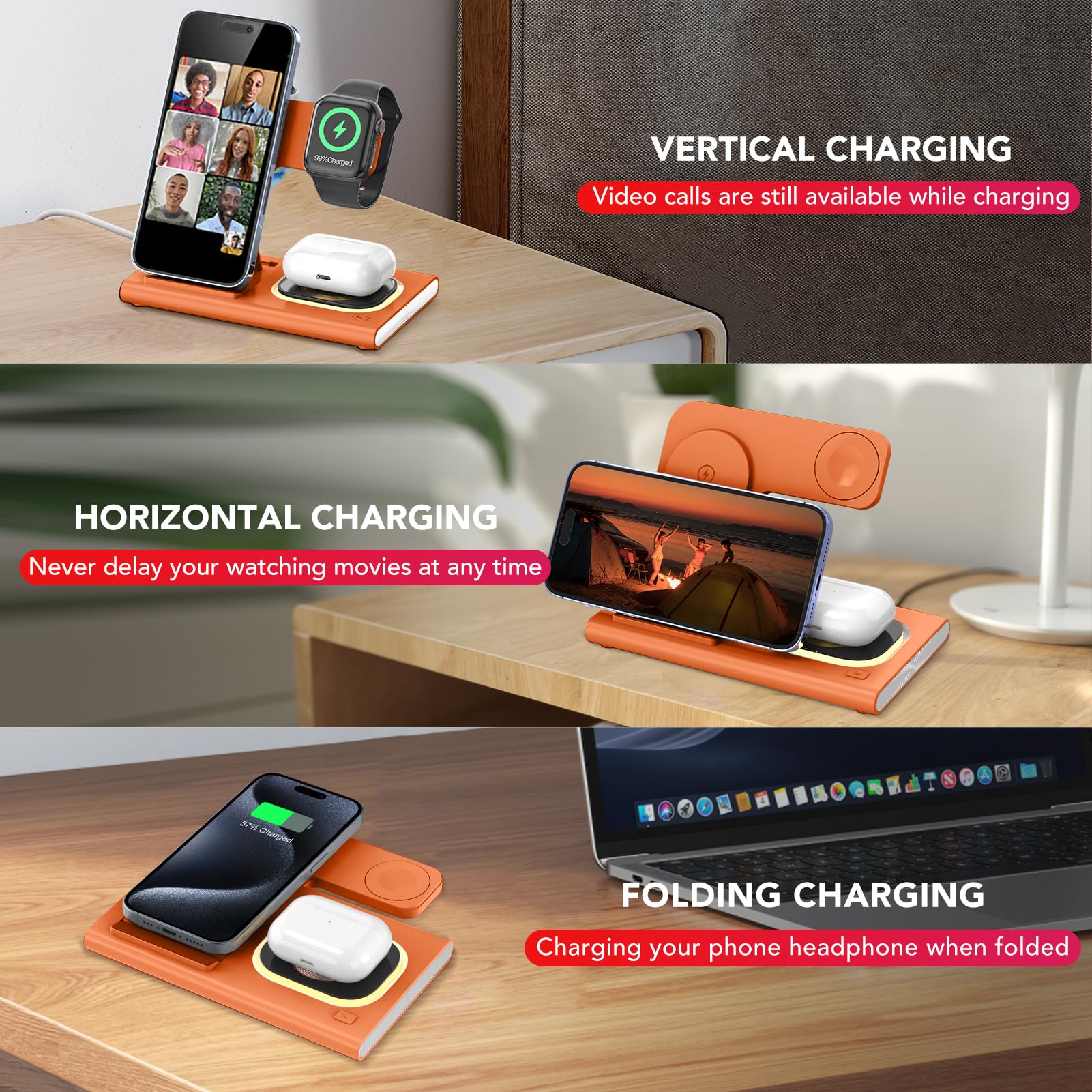 3 in 1 Foldable Charging Station for Apple Products,Fast Wireless Charger Travel Dock Adapter&Light for iPhone 15/14/13/12/11/X/XS/XR 8,for iWatch Ultra2/9/Ultra/8/7/6/SE,for Air Pods 3/2/Pro(Orange) 4
