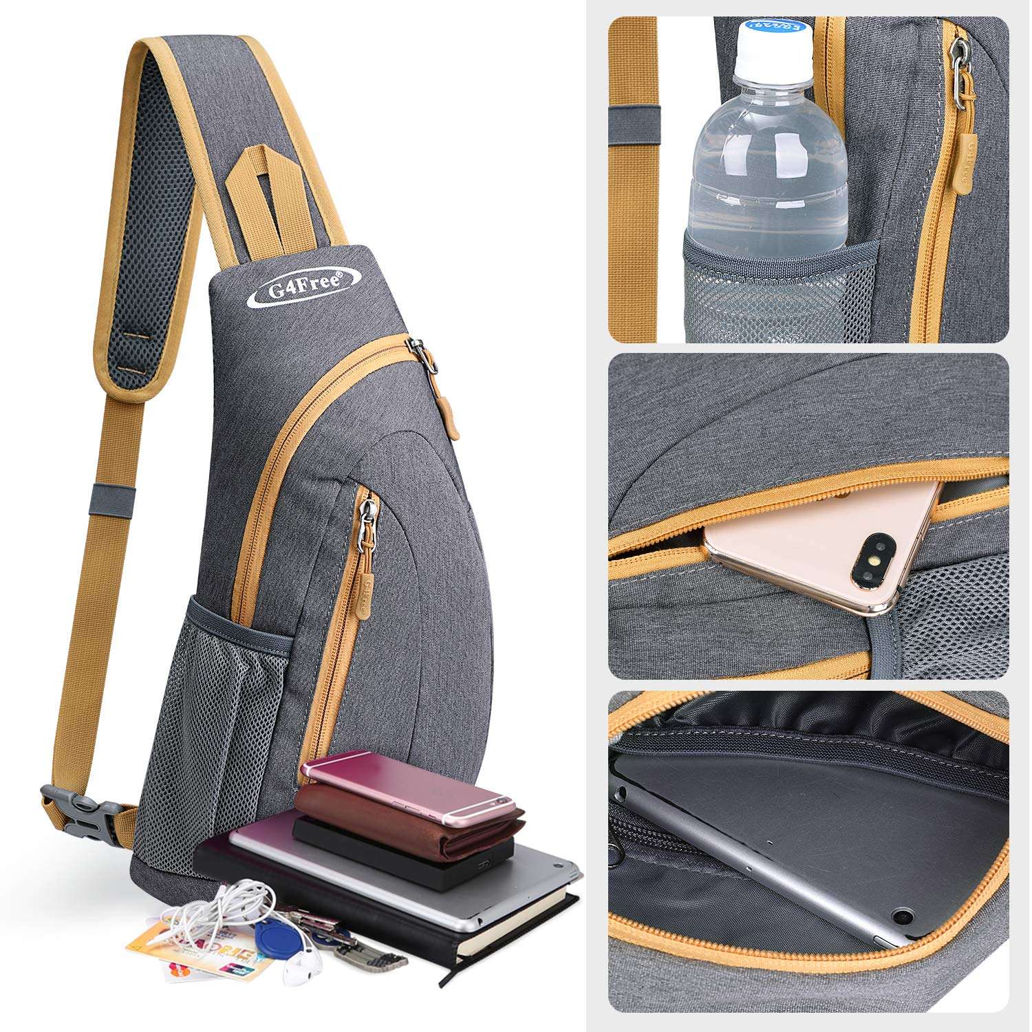 G4Free Sling Bags Men and Women Shoulder Backpack Small Crossbody Chest Sling Backpack (Grey Yellow) 5