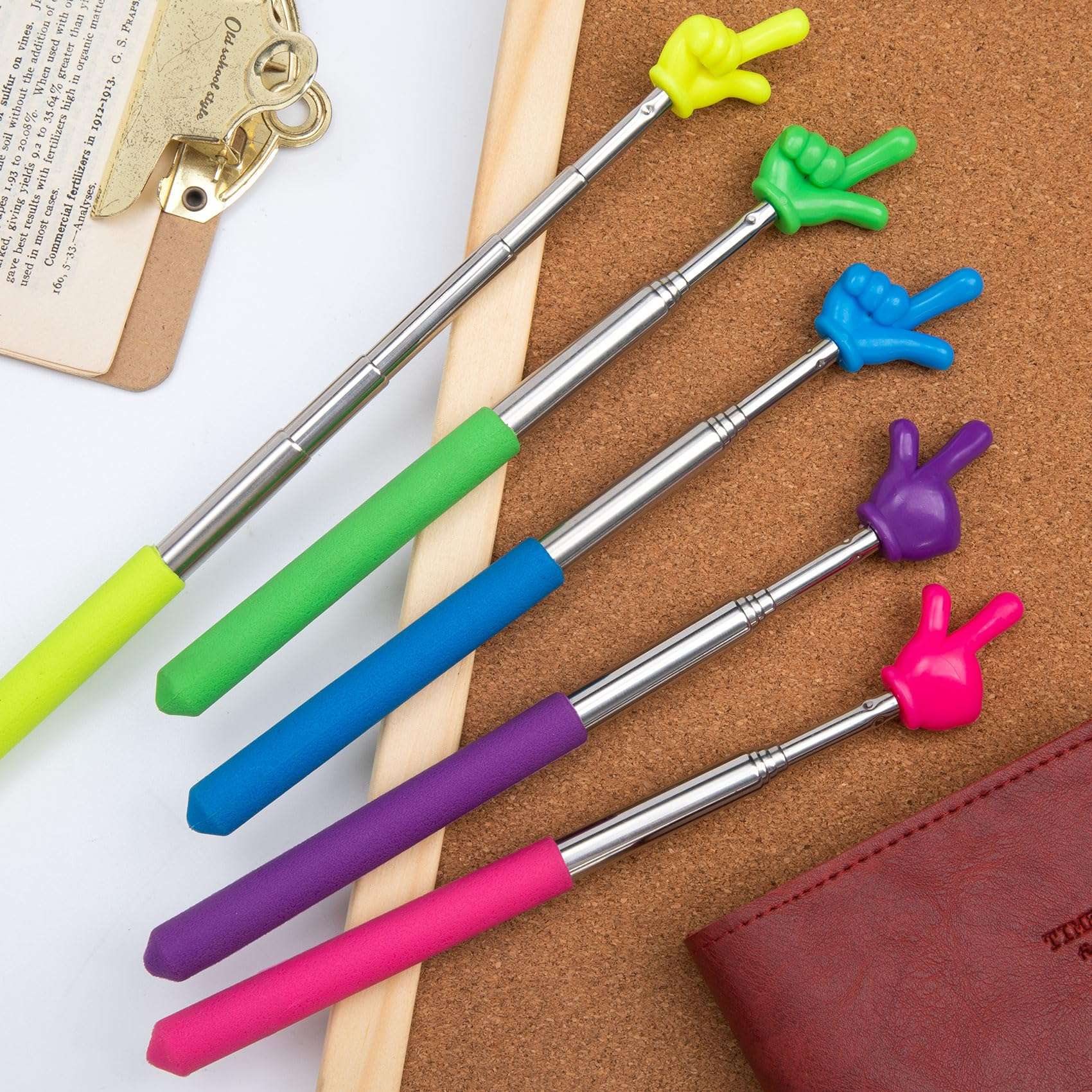 PAGOW 5 Pcs Retractable Teacher Pointer Sticks, 5 Colors Hand Pointer Stick, Student Finger Pointing Sticks, Extendable School Supplies for Reading, Classroom (Blue+Purple+Yellow+Green+Pink) 4