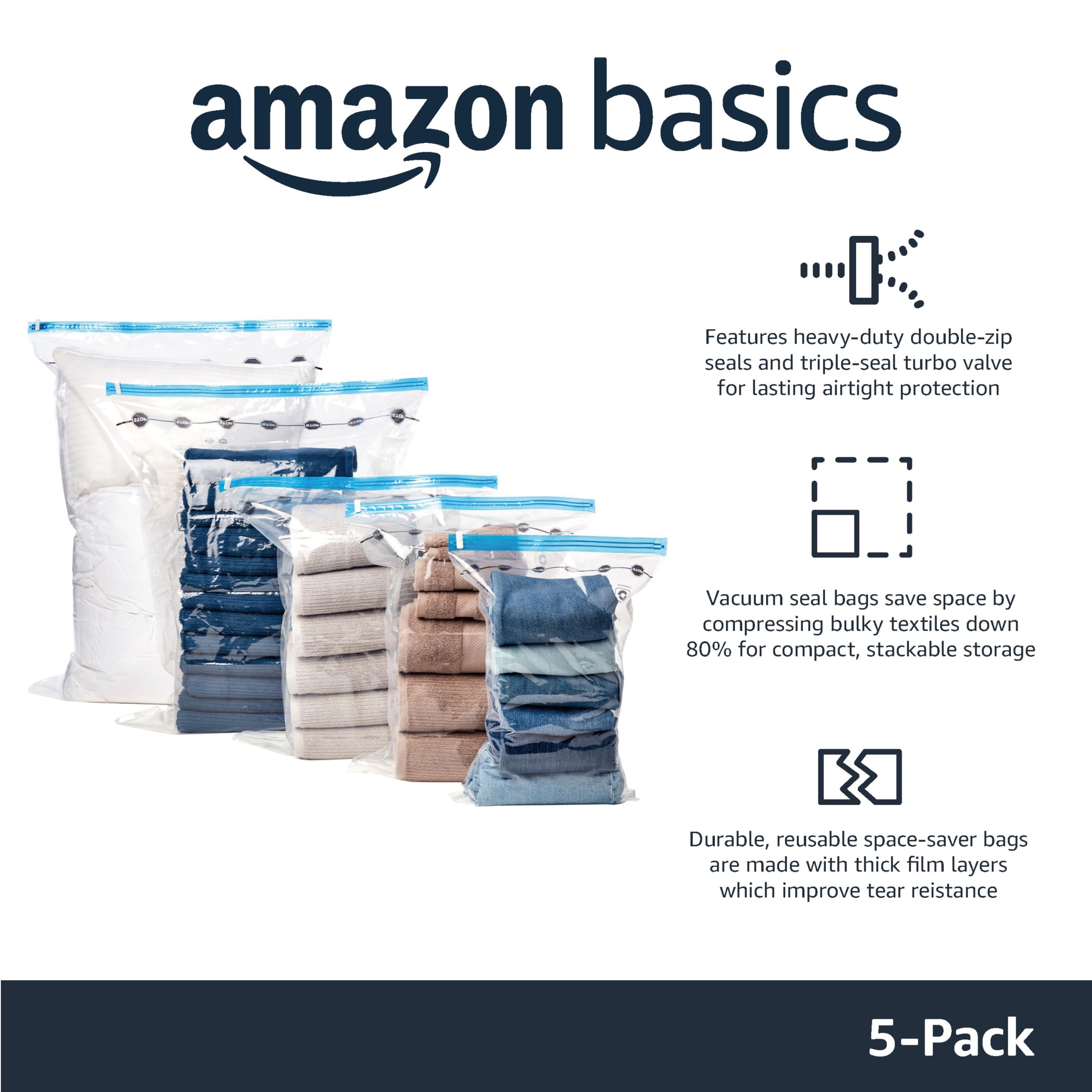 Amazon Basics Vacuum Compression Zipper Storage Bags With Hand Pump, Medium, Clear, 5-Pack, White, Sky Blue 2