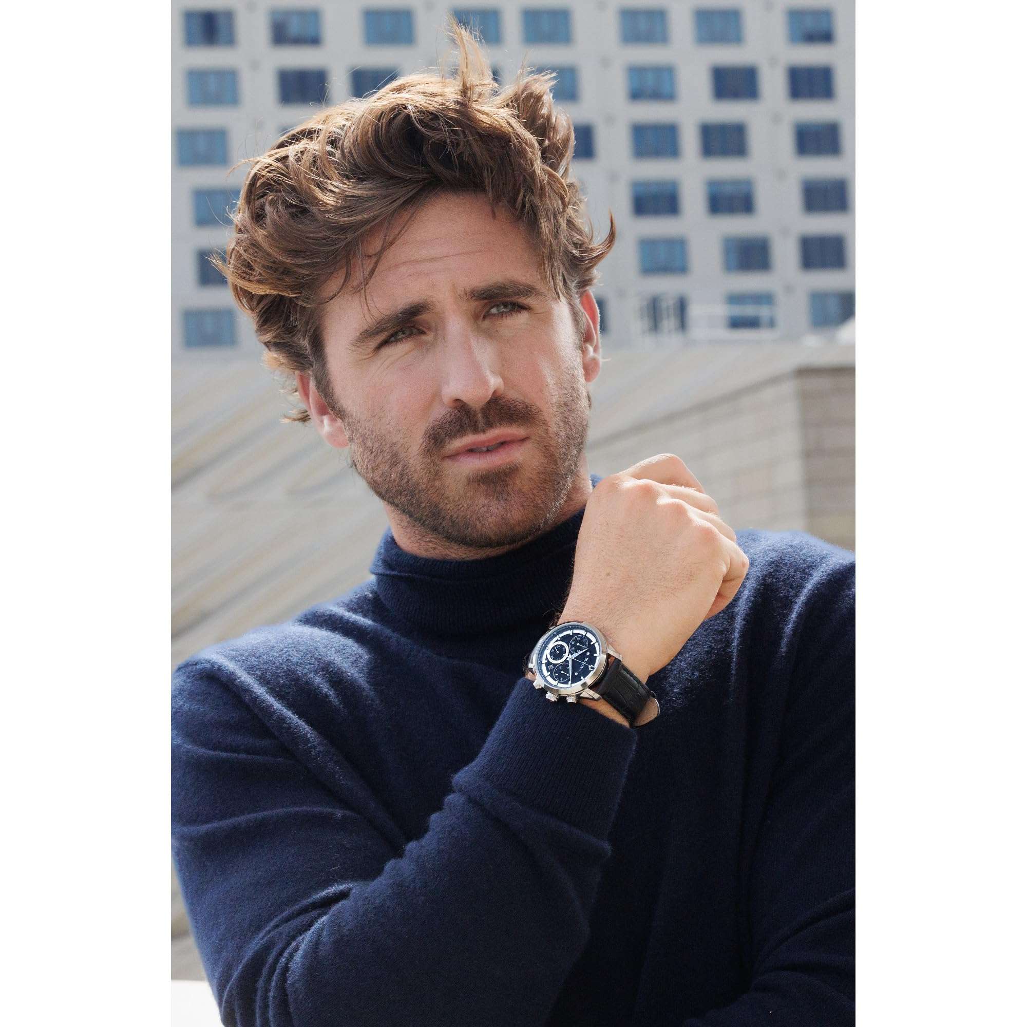 Bulova Men's Classic Sutton 6-Hand Chronograph Quartz Silver Stainless Steel Case Watch with Black Leather Strap, Blue Dial, 44mm Style: 96B420 4