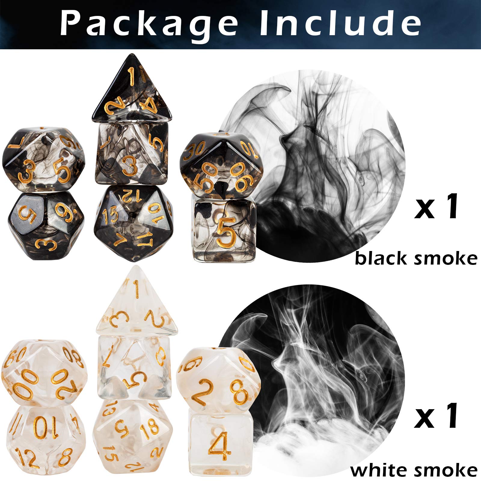 2 Sets DND Dice Set Black White D&D Dice Smoke Clear Resin Polyhedral Crystal D20 Dice for Dungeons and Dragons RPG Tabletop Game Accessories 2