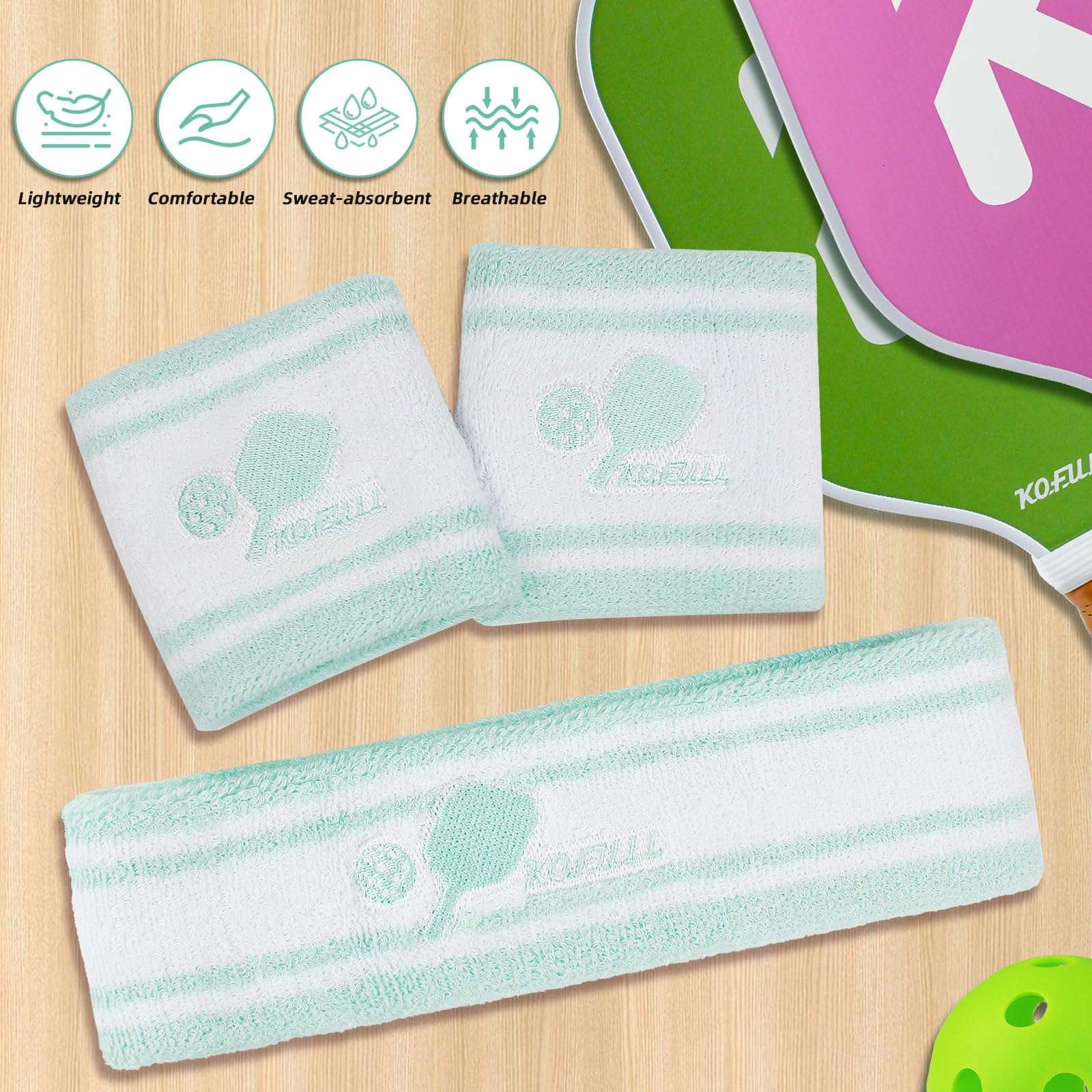 KOFULL Pickleball Sweatbands, Pickleball Headband, Tennis Headband, Pickleball Gifts for Pickleball Golf Tennis, Sweatbands Headband Wristband Set (Sweat Bands Headbands Men Women), Light Green 3