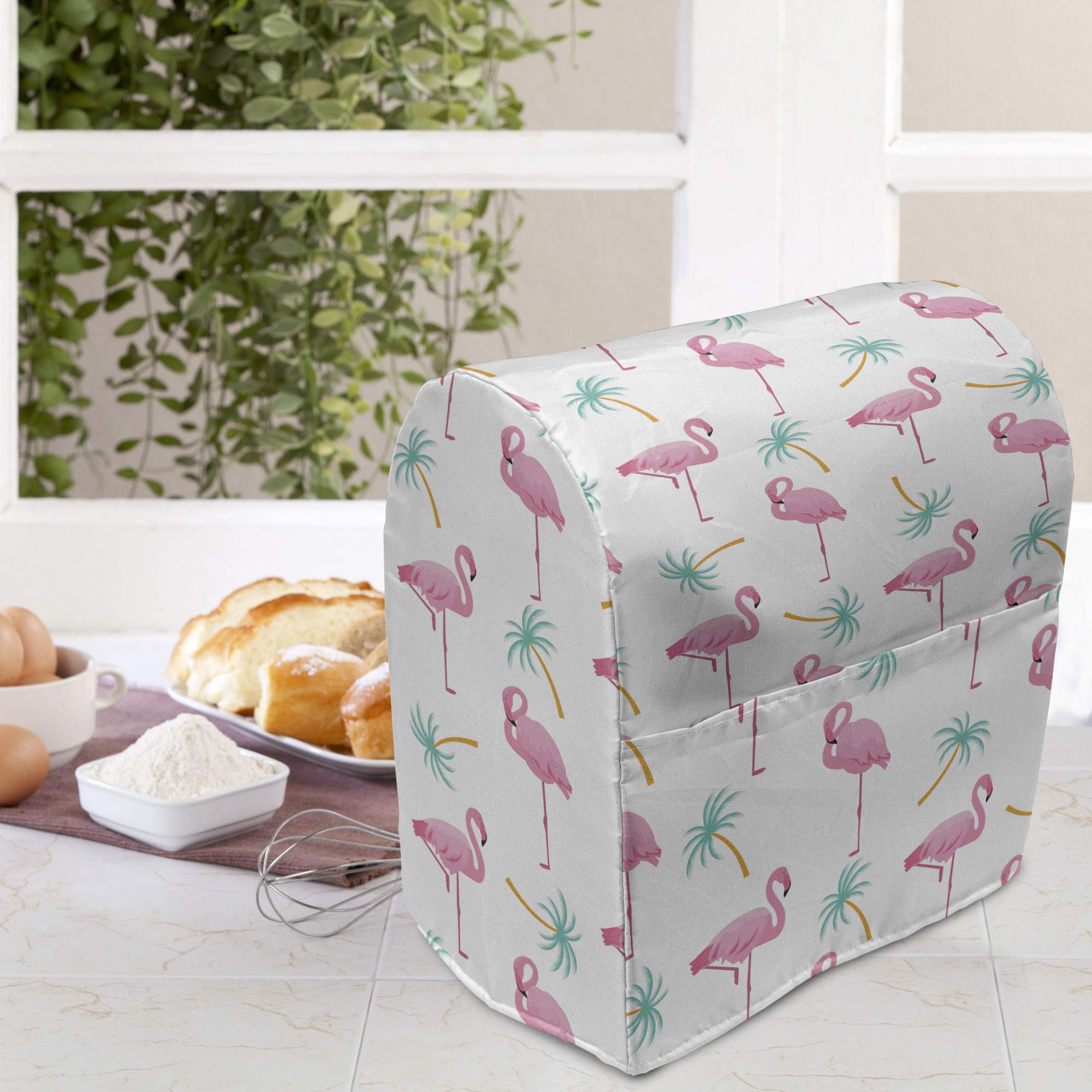 Lunarable Flamingo Stand Mixer Cover, Happy Summer Vibe Themed Pattern Palm Trees and Birds, Kitchen Appliance Organizer Bag Cover with Pockets, 6-8 Quarts, Pink Turquoise 4