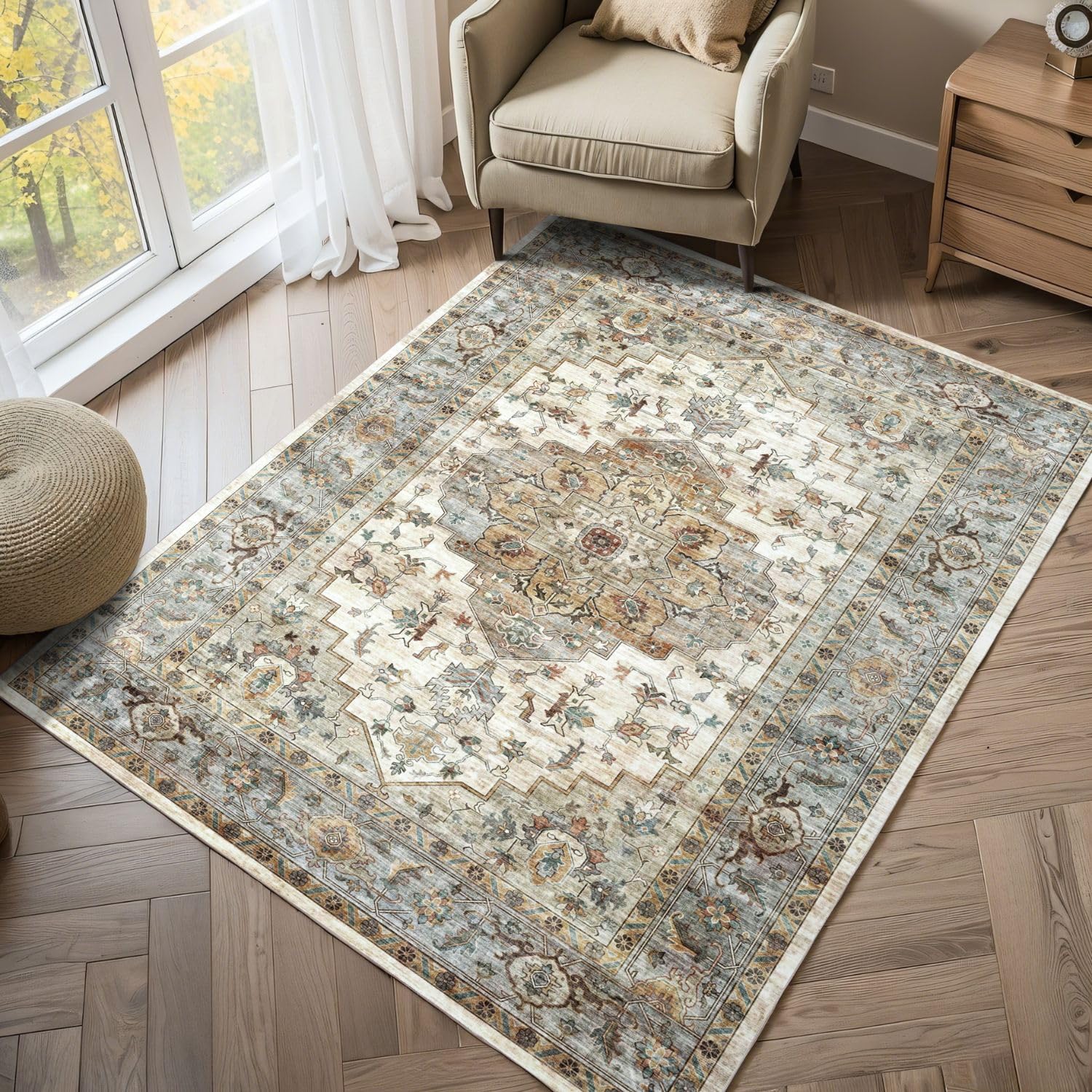 Syalife 4x6 Washable Area Rug, Ultra Soft Non-Slip, Low Pile, Stain Resistant Vintage Area Rug for Living Room,Boho Carpet for Bedroom, Dining Room, Office, Foldable Home Decor Rug, Multi Beige 1