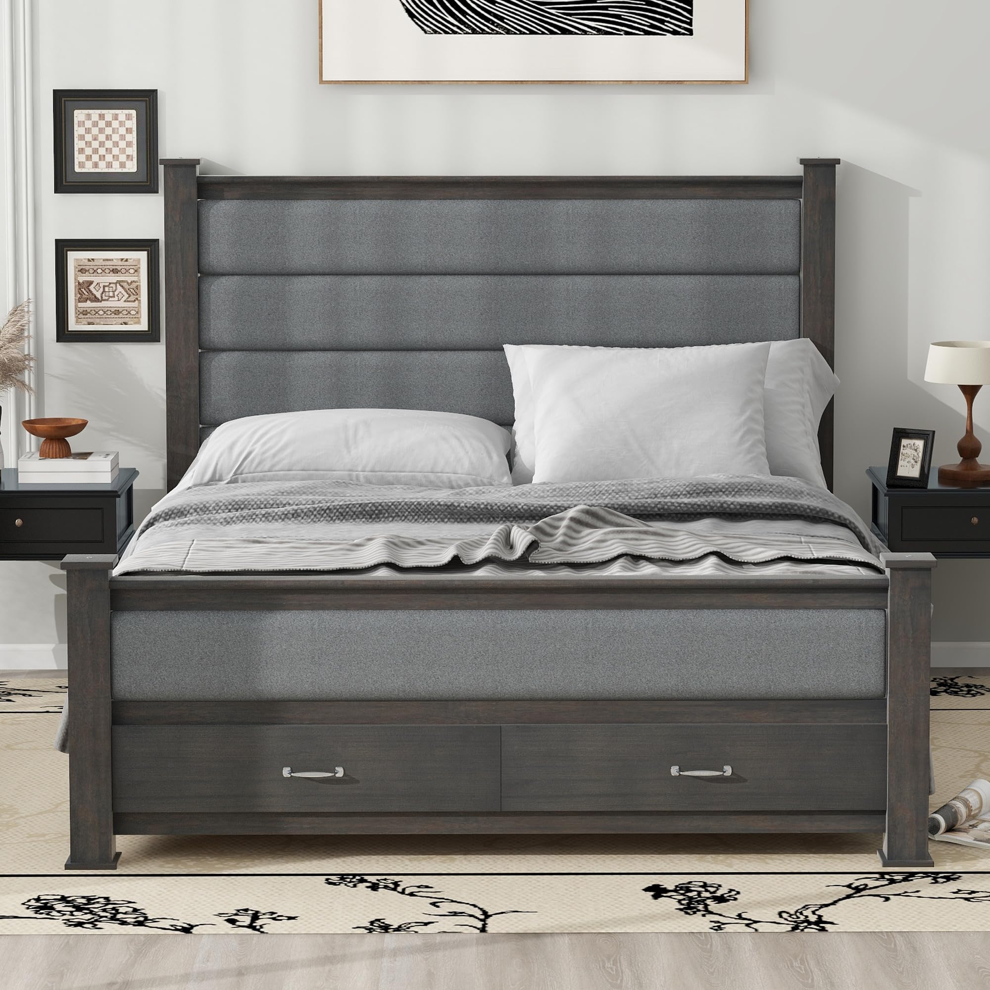 Ball & Cast Queen Size Platform Bed with Upholstered Headboard & Footboard,Solid Wood Frame with 2 Storage Drawers,No Box Spring Needed,Modern Bedroom Furniture,Antique Gray 4