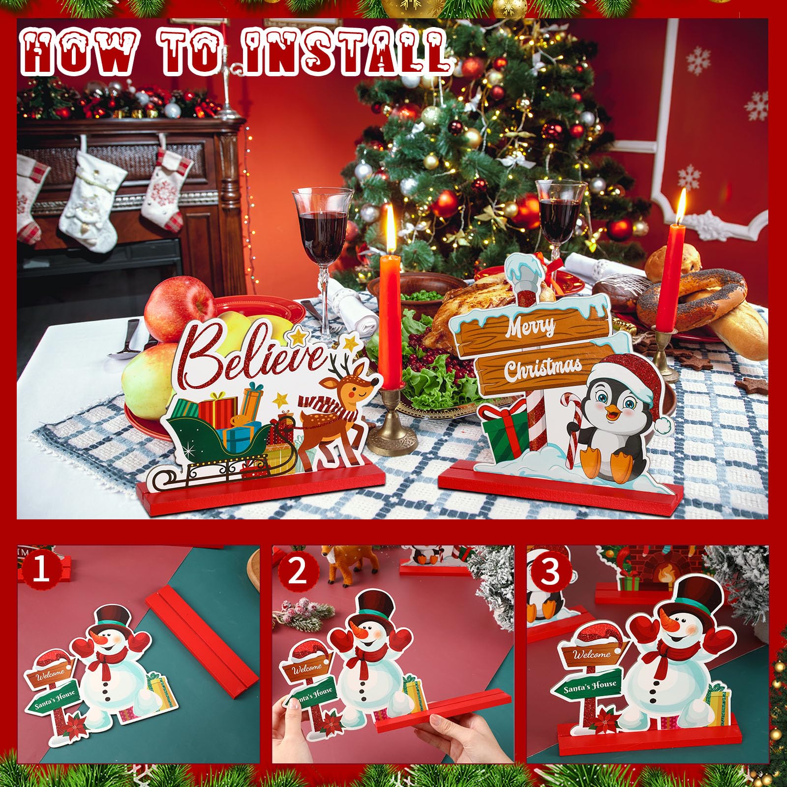 Soaoo 12 Pcs Christmas Centerpieces for Tables Duplex Printing Christmas Table Decorations Snowman Santa Reindeer Gingerbread Man Christmas Table Sign Christmas Decor Xmas Holidays Ornament, 12 Styles 5