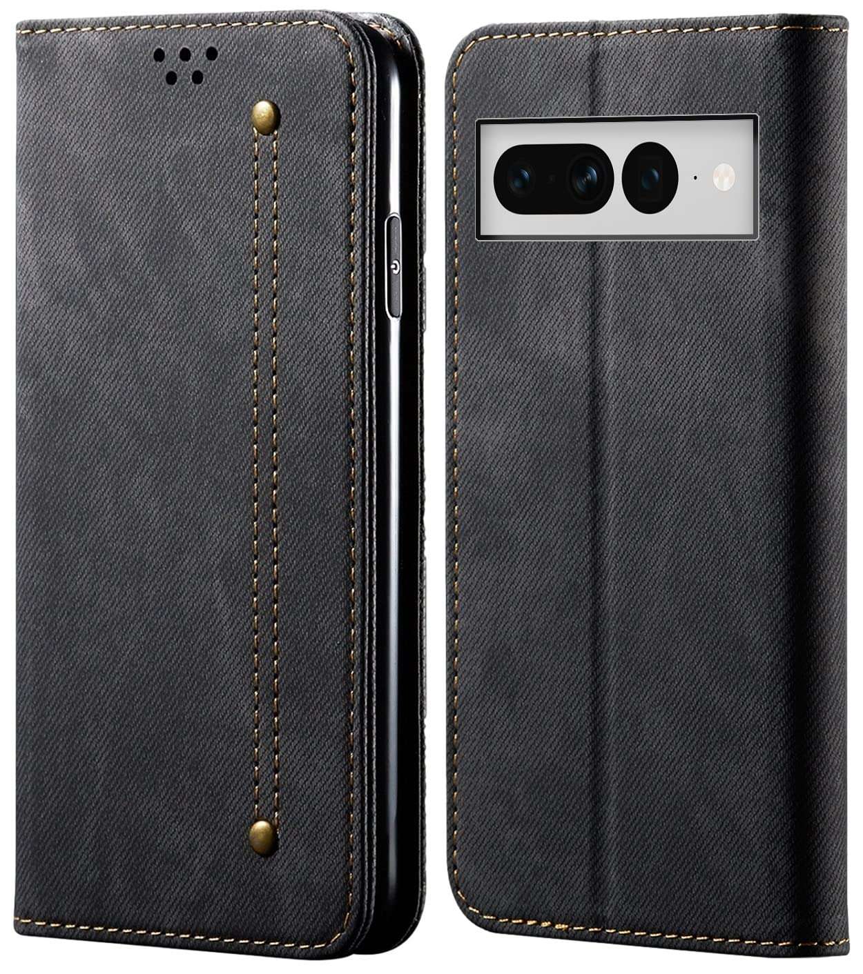 Cubix® Denim Flip Cover for Google Pixel 7 Pro Case Luxury Slim Wallet Folio Case Magnetic Closure Cover (Black) 1