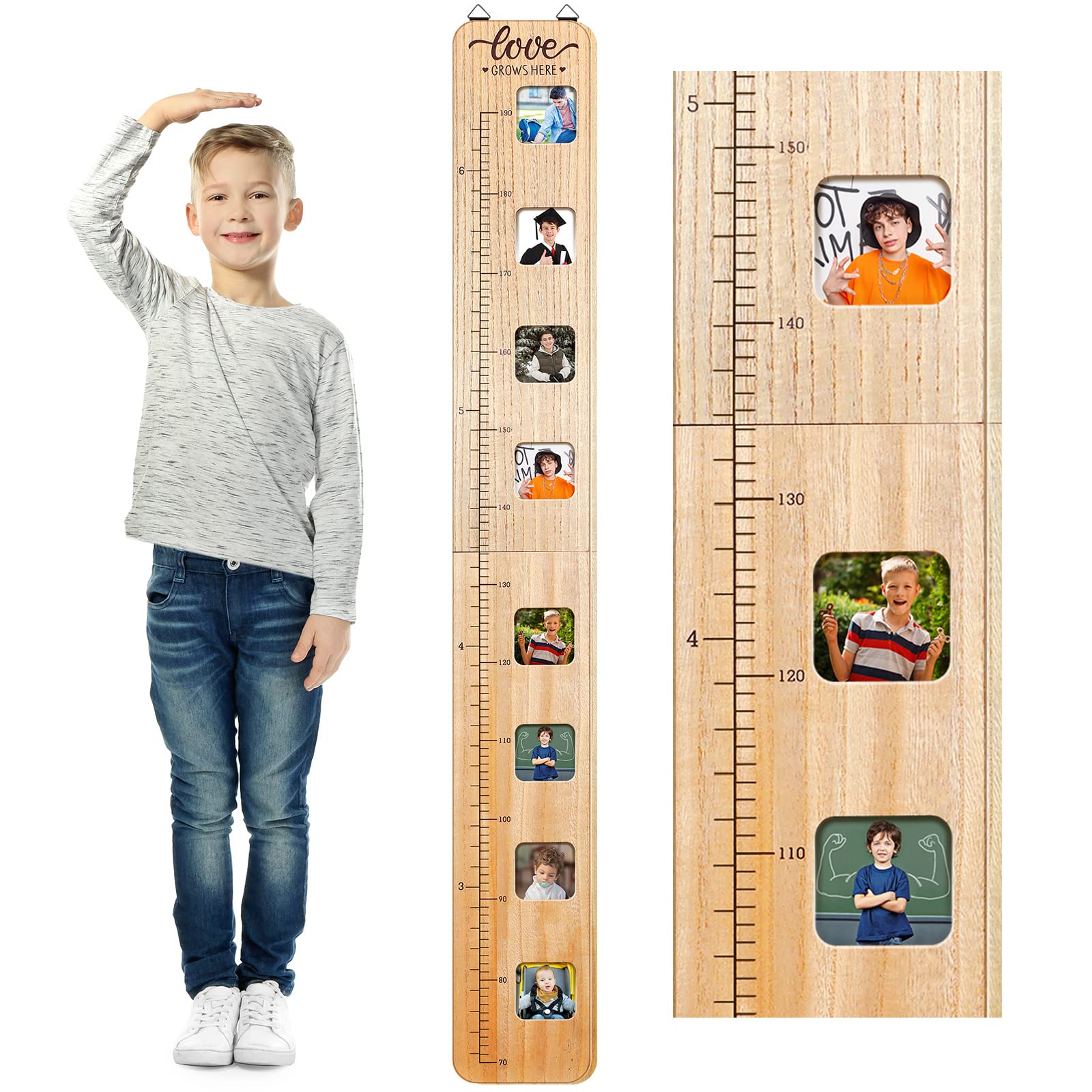 Wood Growth Chart for Kids with Picture Frames Boho Wooden Height Measurement Ruler Milestone Markers Foldable Height Chart for Kids Measuring Chart for Wall Boy Girl Room Nursery Decor Keepsake Gift 1
