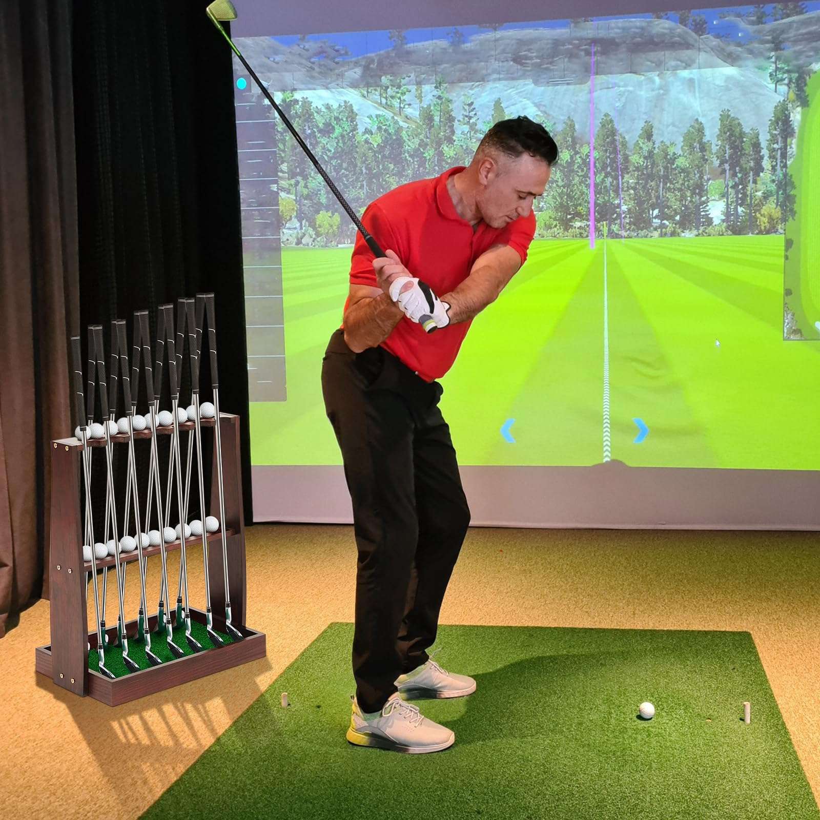 Lenwen Golf Club Rack Wooden Golf Putter Stand Holder Indoor Display Rack Holds 13 Clubs and 20 Golf Balls for Club Home Golf Simulators, Brown 6