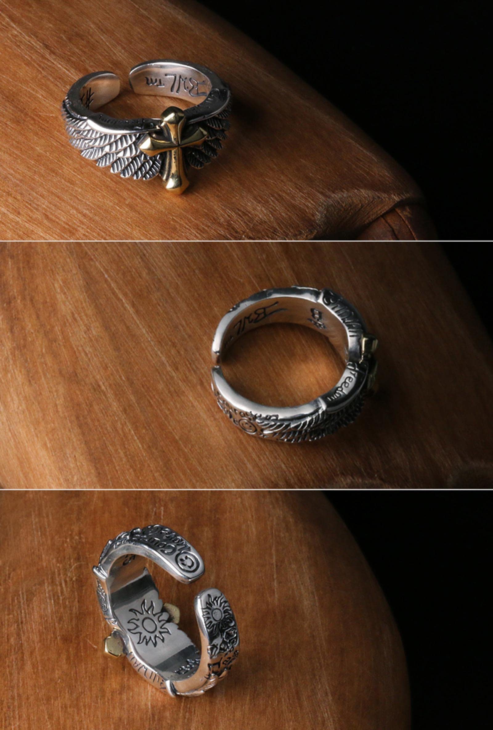 DELURA Sterling Silver Angel Cross Rings, Adjustable Rings for Men and Women 6