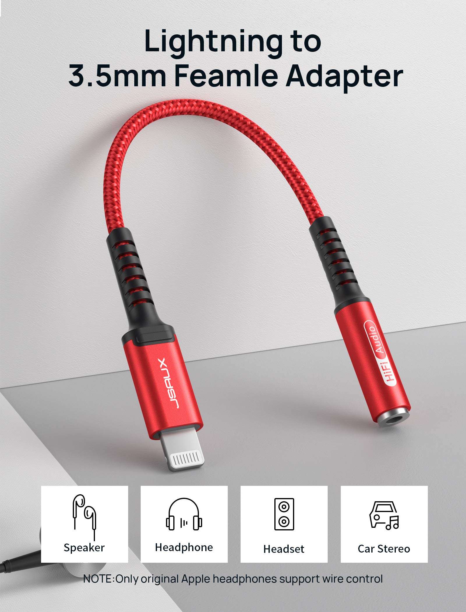 JSAUX Lightning to 3.5mm Female Headphone Jack Adapter, [Apple MFi Certified] Lightning to Audio Jack Converter Compatible with iPhone 14/14Pro/13/12 Mini/12 Pro/11/11 Pro/11 Pro Max/SE/X XR XS - Red 2