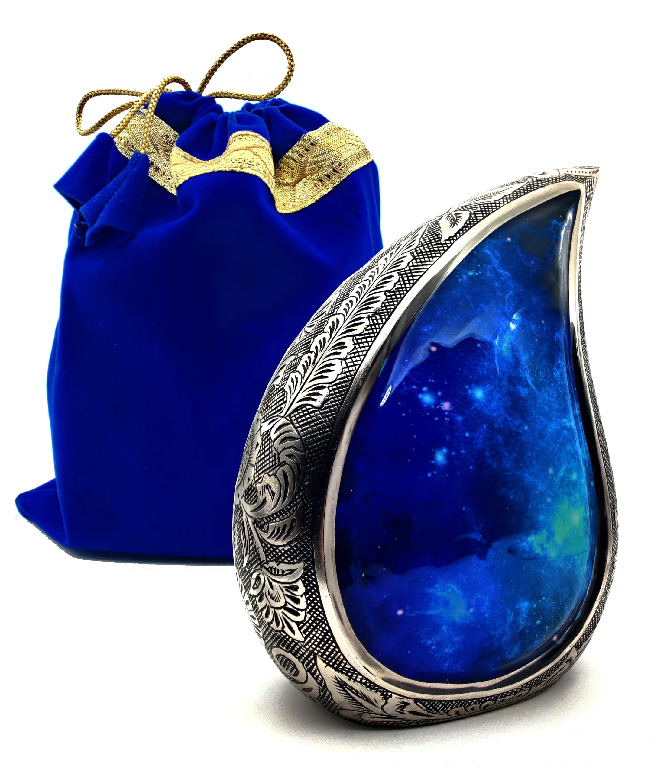 Teardrop Hand Engraved Urns for Human Ashes, Funeral Cremation Galaxy Urn Teardrop Memorial Keepsake for Adults, 6 inches with Velvet Bag