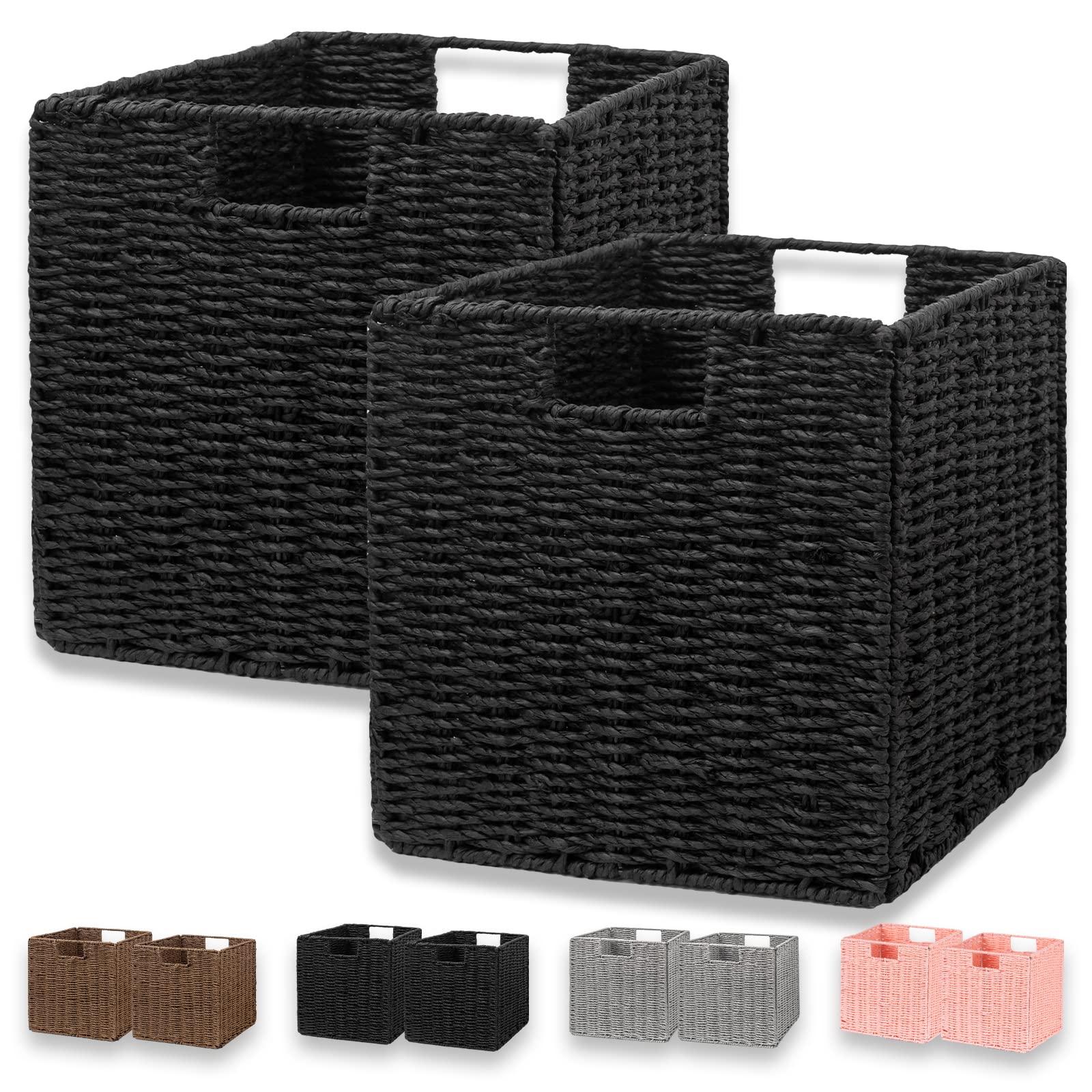 Vagusicc Storage Basket, Set of 2 Hand-Woven Paper Rope Wicker Baskets, Foldable Storage Bins, Large Wicker Storage Square Baskets for Decor & Organizing, Black (11″×11″×11″) 1