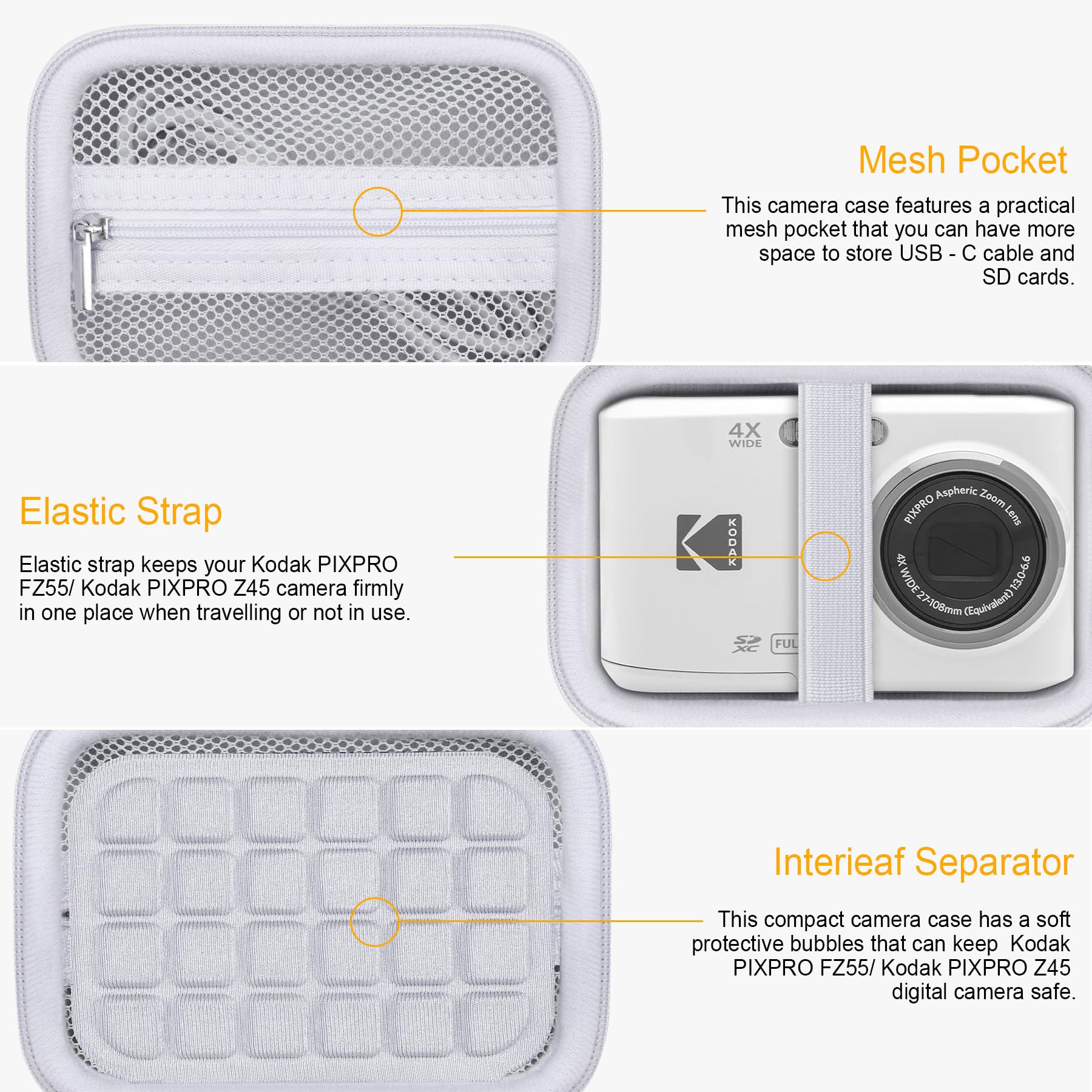 RAIALL Compact Camera Case for KODAK PIXPRO FZ55 / FZ53 / FZ45 Digital Camera, Vlogging Cameras Travel Storage Bag Holder, Mesh Pocket for Charging Cable, SD Card and Batteries, White 5