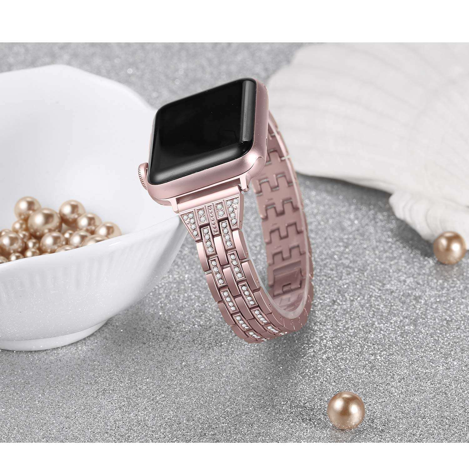 Dealfreez 38/40 MM Diamond Bling Metal Band Stainless Steel Replaceable Strap Bracelet Compatible with Apple Watch iWatch Series SE/6/5/4/3/2/1 (Rose Gold) 6
