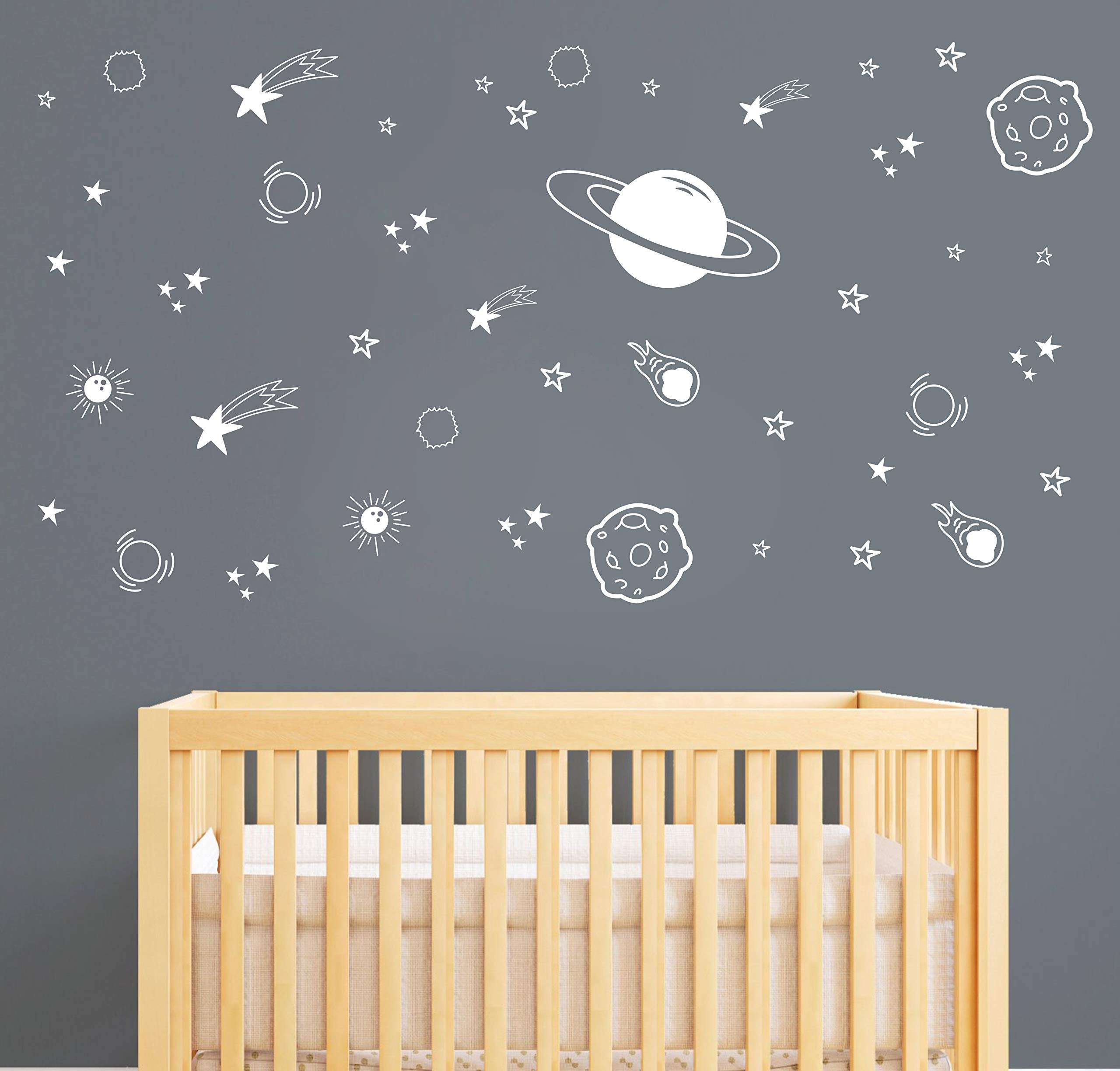 Planet Wall Decal, Boys Room Decor, Outer Space Wall Decals, Star Wall Stickers, Vinyl Wall Decals for Children Baby Kids Boys Bedroom, Nursery Decor(Y04) (White) 5