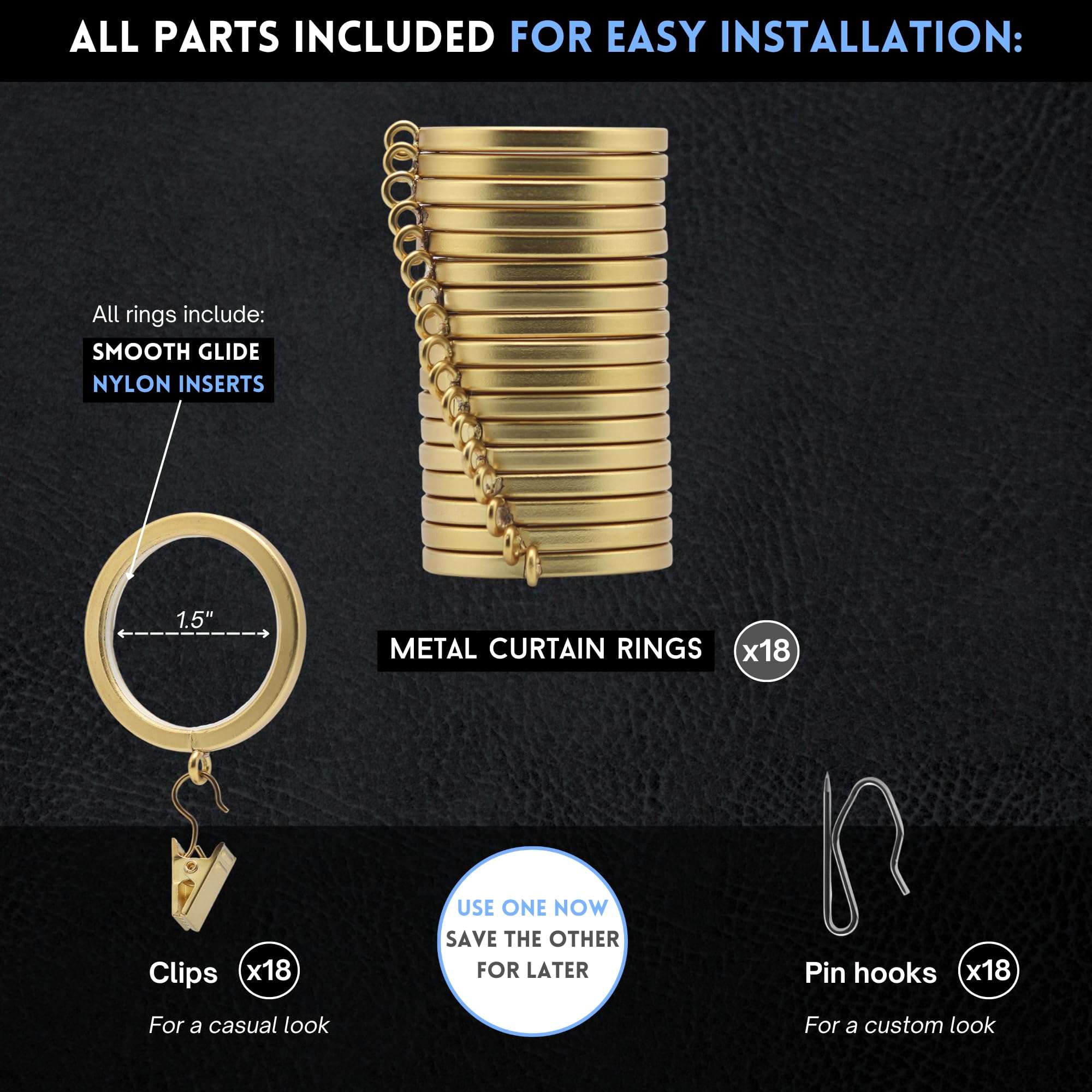 BlastHome® Luxury Curtain Rings – Premium Metal with Quiet, Smooth Nylon Inserts – Pinhooks and Clips Included – 1 1/2" Inside Diameter – 18 Rings for Two Standard Curtains – Brushed Gold 5
