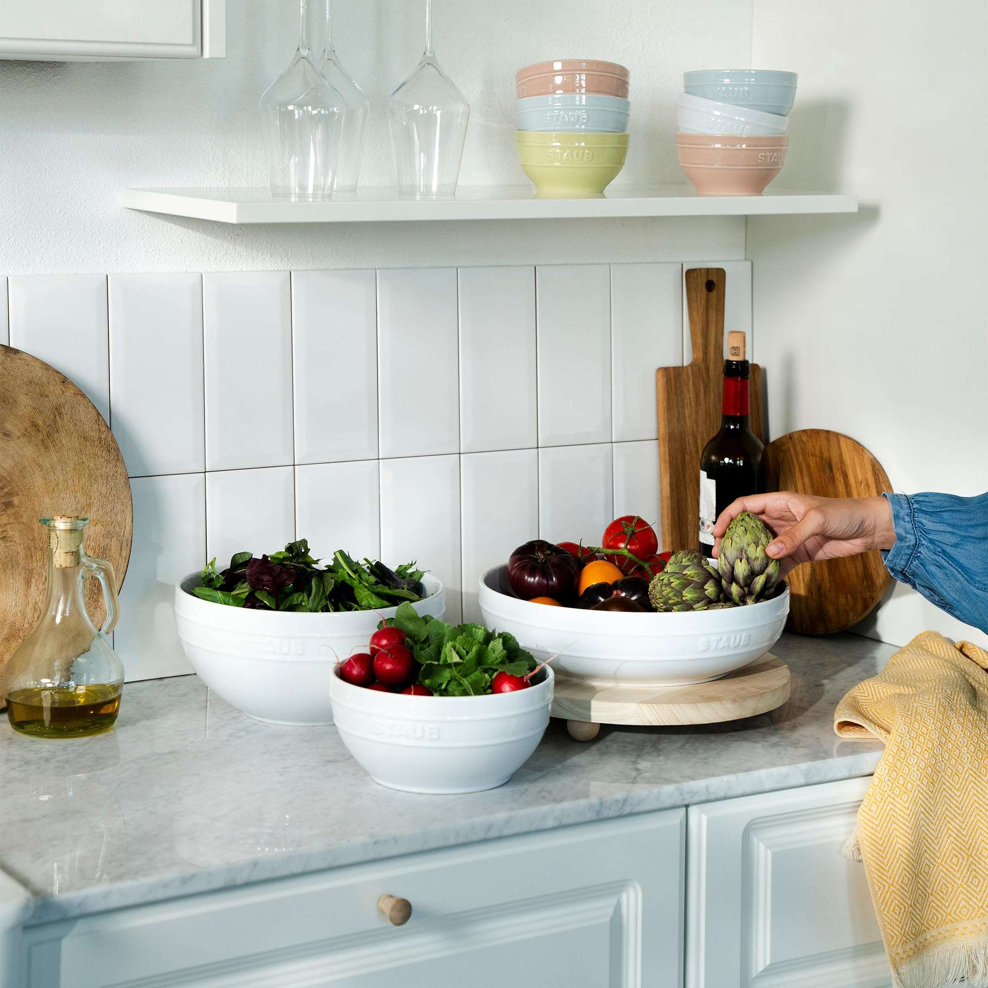 STAUB Stoneware Ramekins Ceramic 2-pc Nested Mixing Bowl Set-White 6