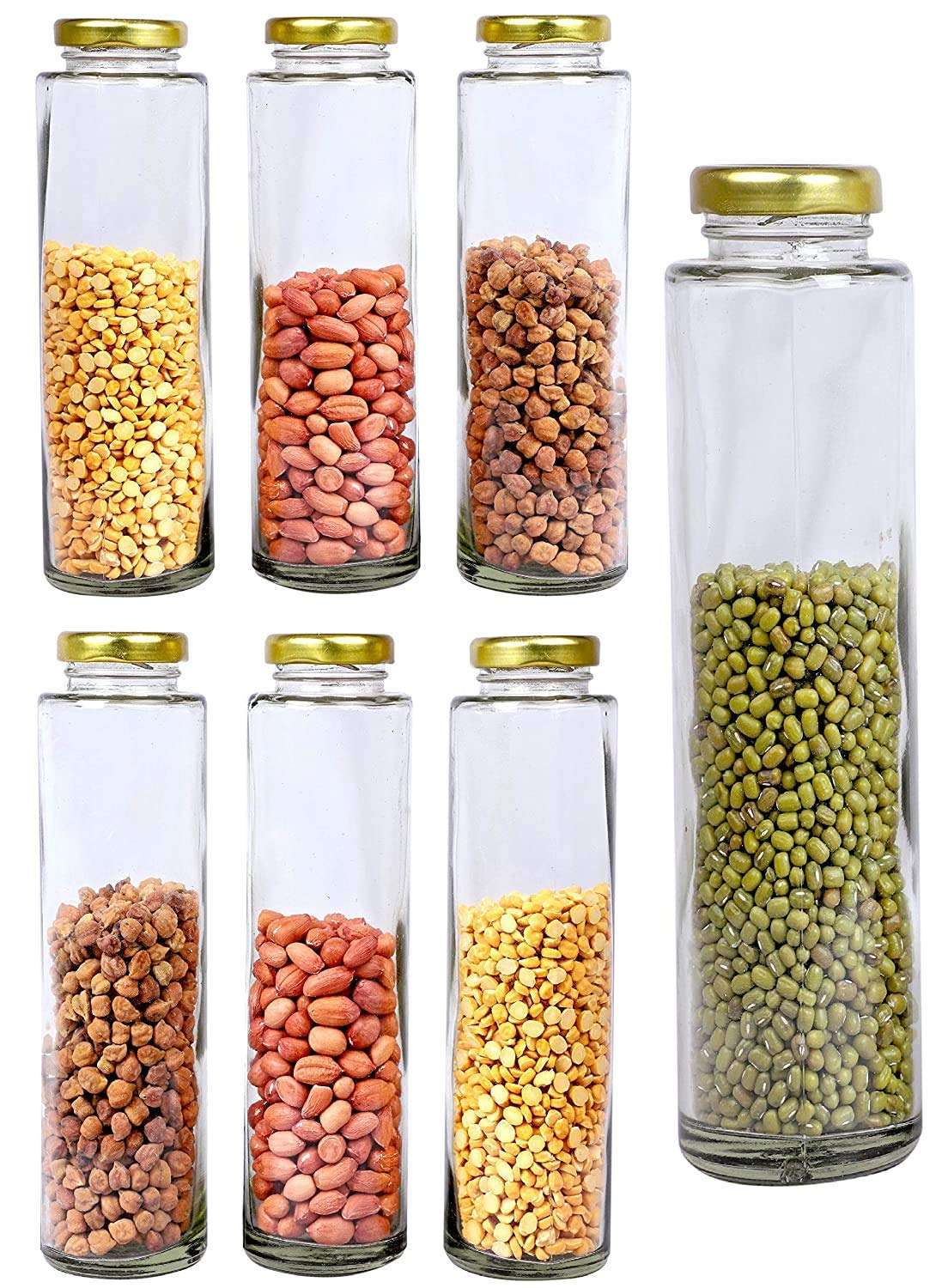 ARUZEN 500 ML Big Bamboo Clear Long Glass Jars Pickle Cereal Spice Grocery Grain Storage Jars [Pack of 6] 6