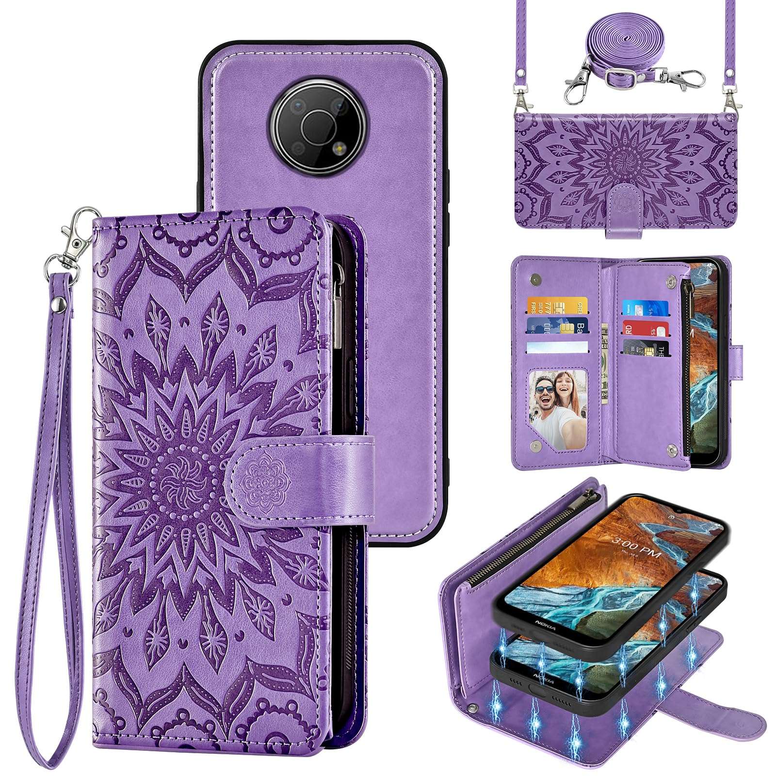 Asuwish Phone Case for Nokia G300 5G N1374DL Zipper Wallet Magnetic Detachable Cell Cover with Screen Protector Crossbody Lanyard Strap Flip Card Holder Slot NokiaG300 G 300 300G 2021 Women Purple 1