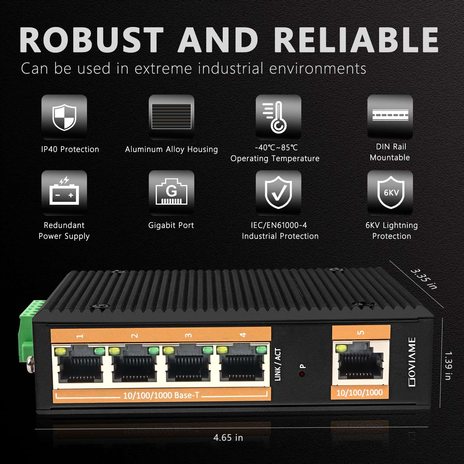 GOVIAME 5 Port Gigabit Unmanaged Industrial Ethernet Network Switch,5 x 10/100/1000 Mbps Gigabit Ethernet Ports,Plug-and-Play,16 Gbps Switching Capacity,DIN-Rail,IP40 Rated (Fanless,-40°C~185°F) 3