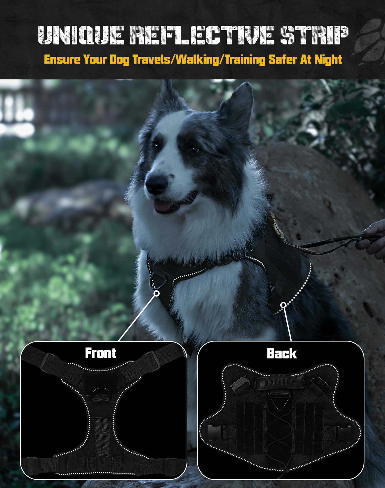 Saboos Dog Harness No Pull Military Dog Harness with Handle & Molle Easy Control Service Dog Vest Harness Training Walking Adjustable Reflective Tactical Pet Harness Black M 6