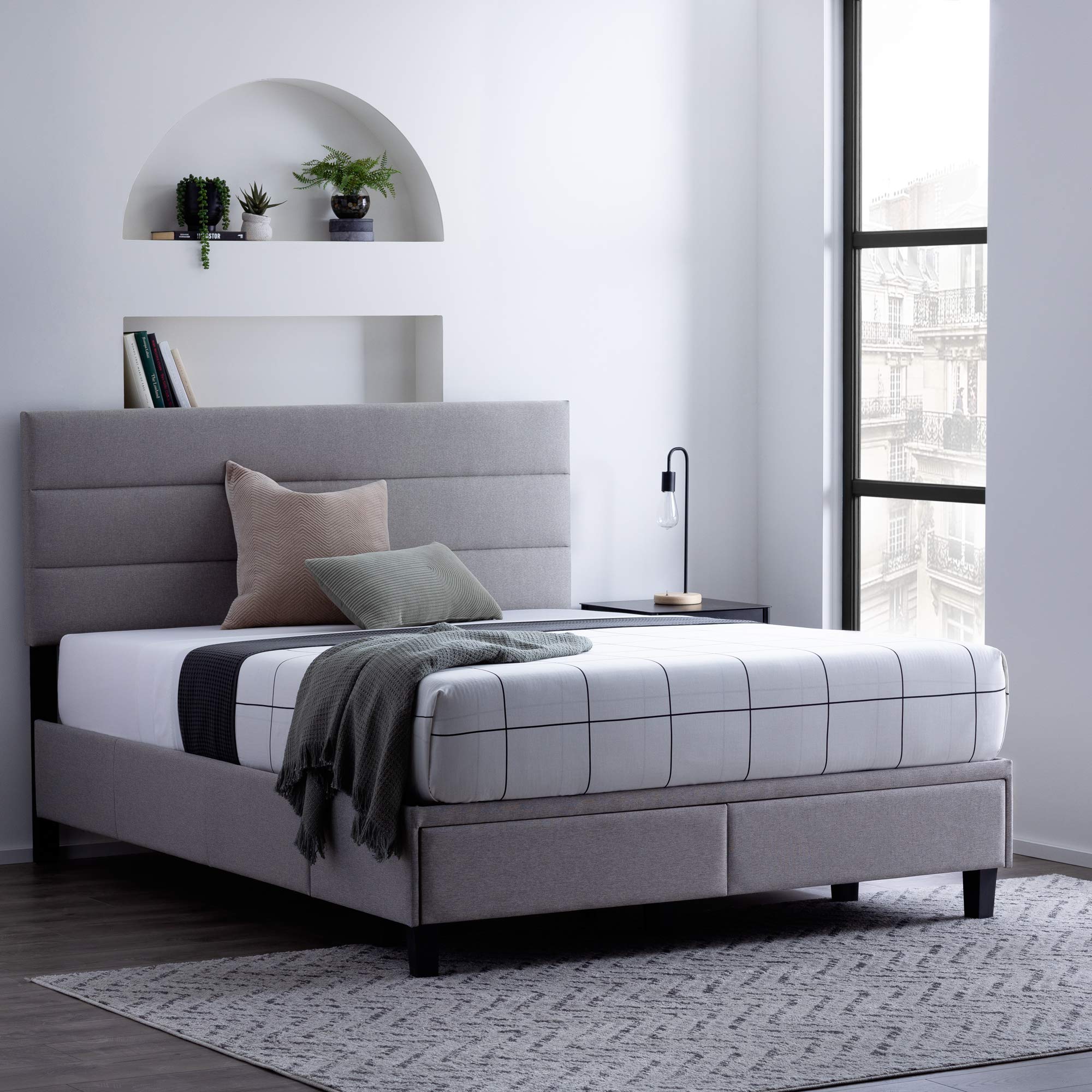 Edenbrook Johnson Upholstered Bed with Built-in Drawers-Modern Channel Tufted Headboard-Easy Assembly-Queen, Stone 6