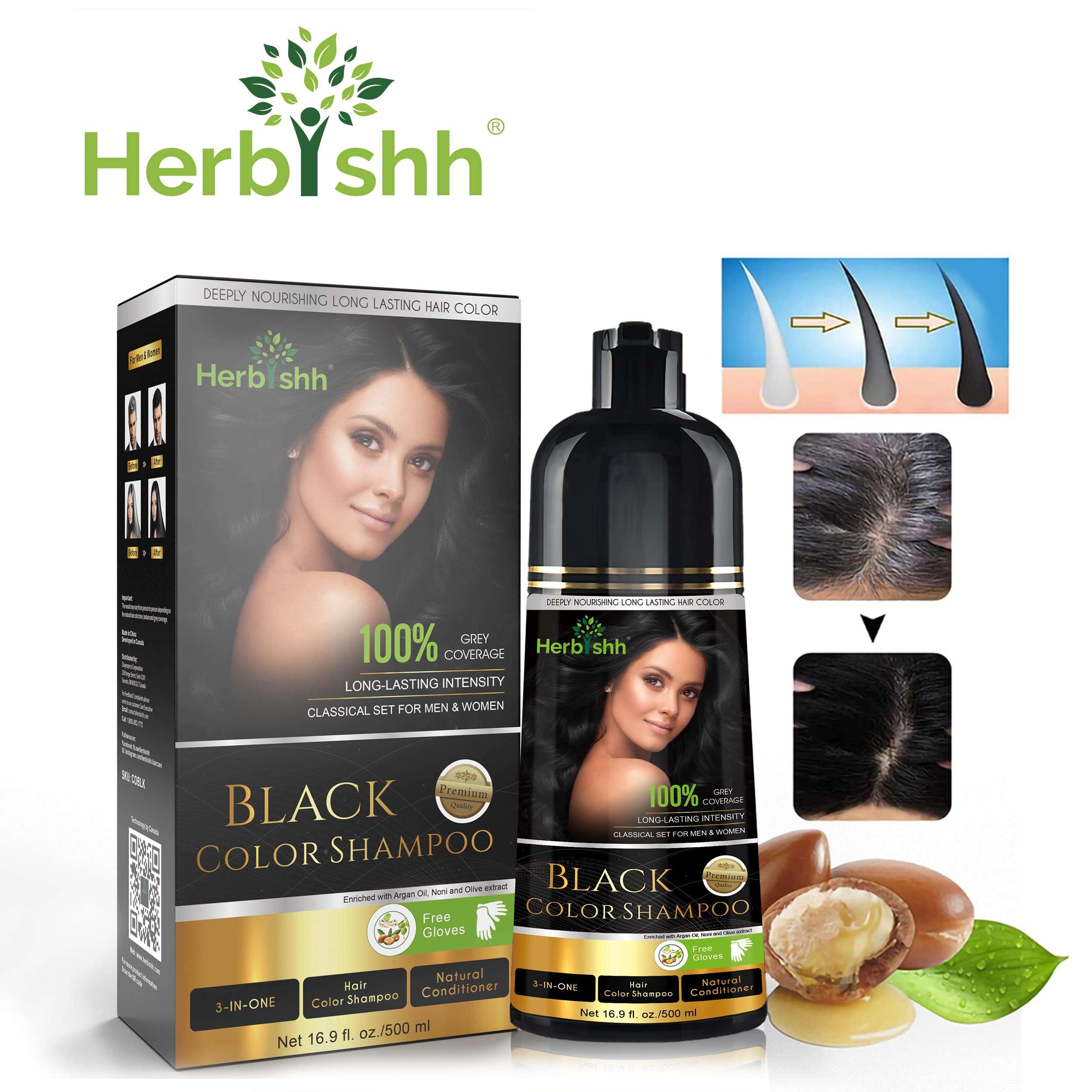 Herbishh Hair Color Shampoo for Gray Hair – Magic Hair Dye Shampoo 500 ml (Black) Koloret Hair Building Fibers – Black Powder 27.5g 5