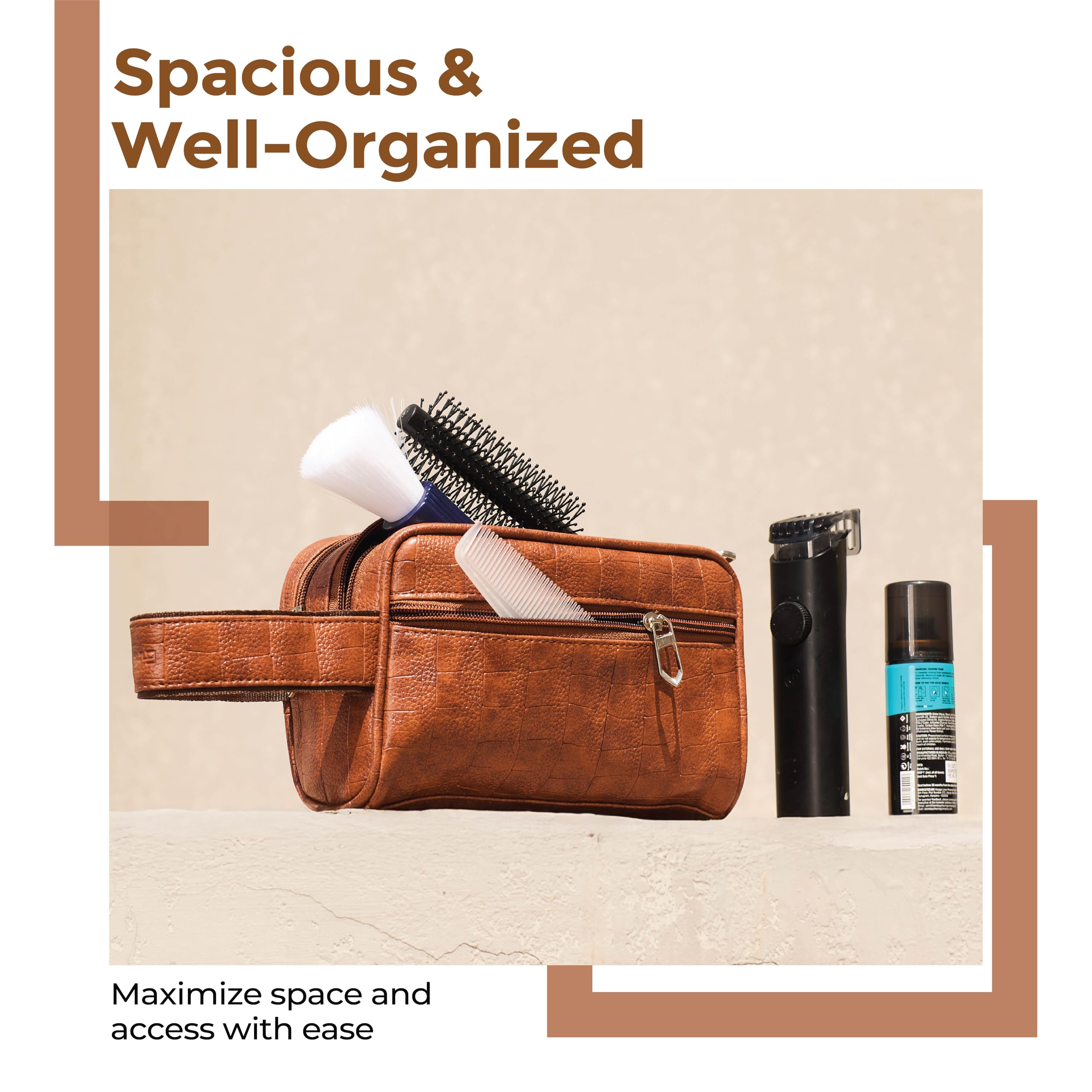 Lifelong Toiletry Bag for Men & Women | Vegan Leather Travel Pouch | Shaving Kit, Grooming & Makeup Organizer | Toiletry Bag for Travel, Gym, Daily Use, Cosmetics, Toiletries & Essentials (Tan) 4