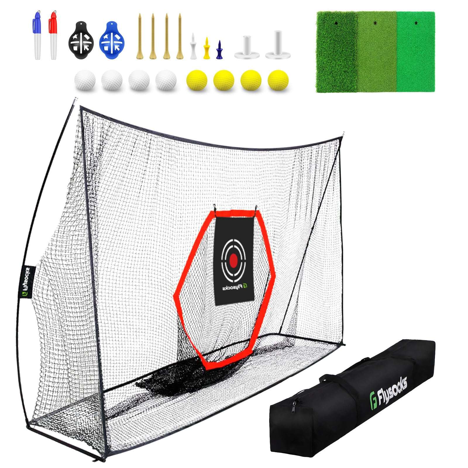 Flysocks 10x7 ft Golf Practice Hitting Net, Golf Nets with Mat, Center Target, 8 Golf Balls, 9 Tees, 2 Marking Pens, for Backyard Driving, Indoor Outdoor Golf Chipping Training Net 2
