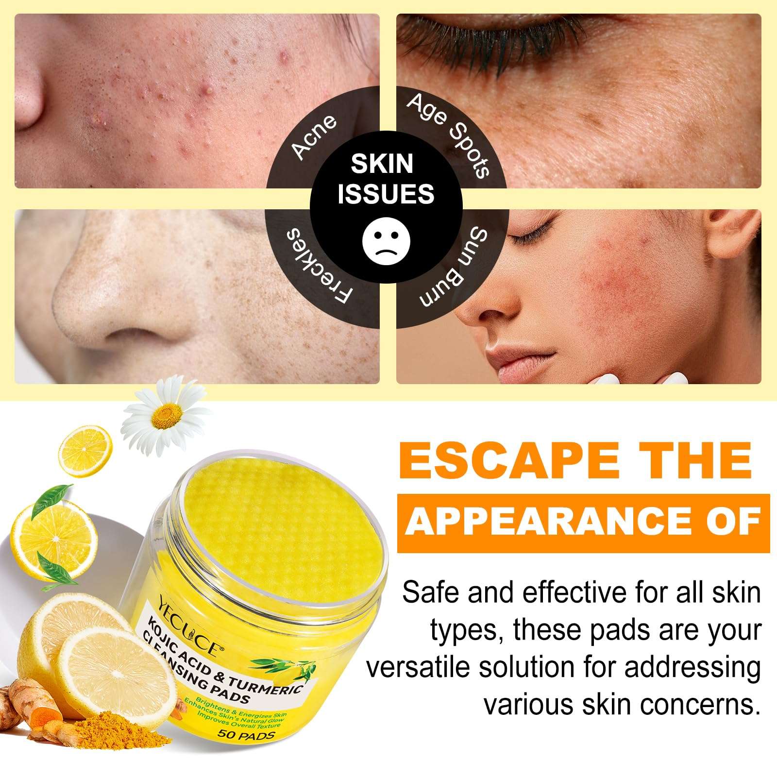 Kojic Acid and Turmeric Cleansing Pads, Turmeric Face Exfoliating Pads, Balance Skin Oil And Water, Gentle, Deep Clean Pore, 50 Count 3