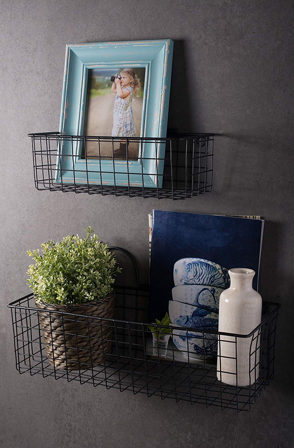 INDIAN DECOR . 28727 Wire Metal Classic Farmhouse Vintage Hanging Wall Mounted Basket (Small, Black) - Set of 2 5