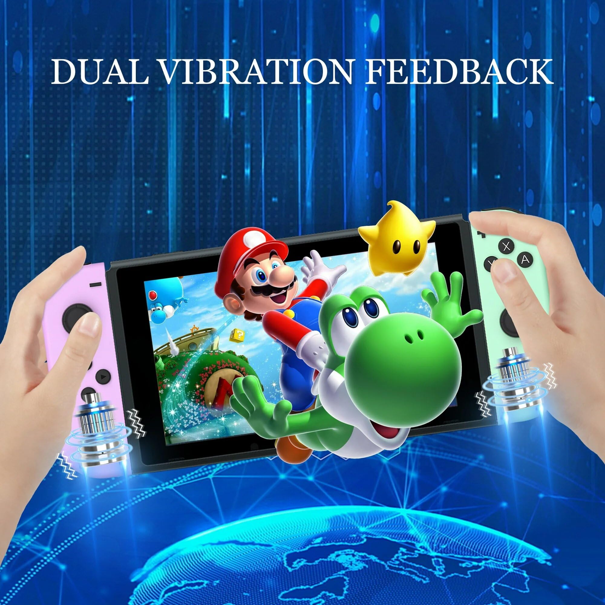 3-IN-1/Pack Joypads Controller, Wireless Gamepad for N-S Consoles, with Wrist Straps, Protective Case & Joystick Caps, Support/Dual Vibration/Motion/Wake-up/Screenshot. [Purple & Green]. 6