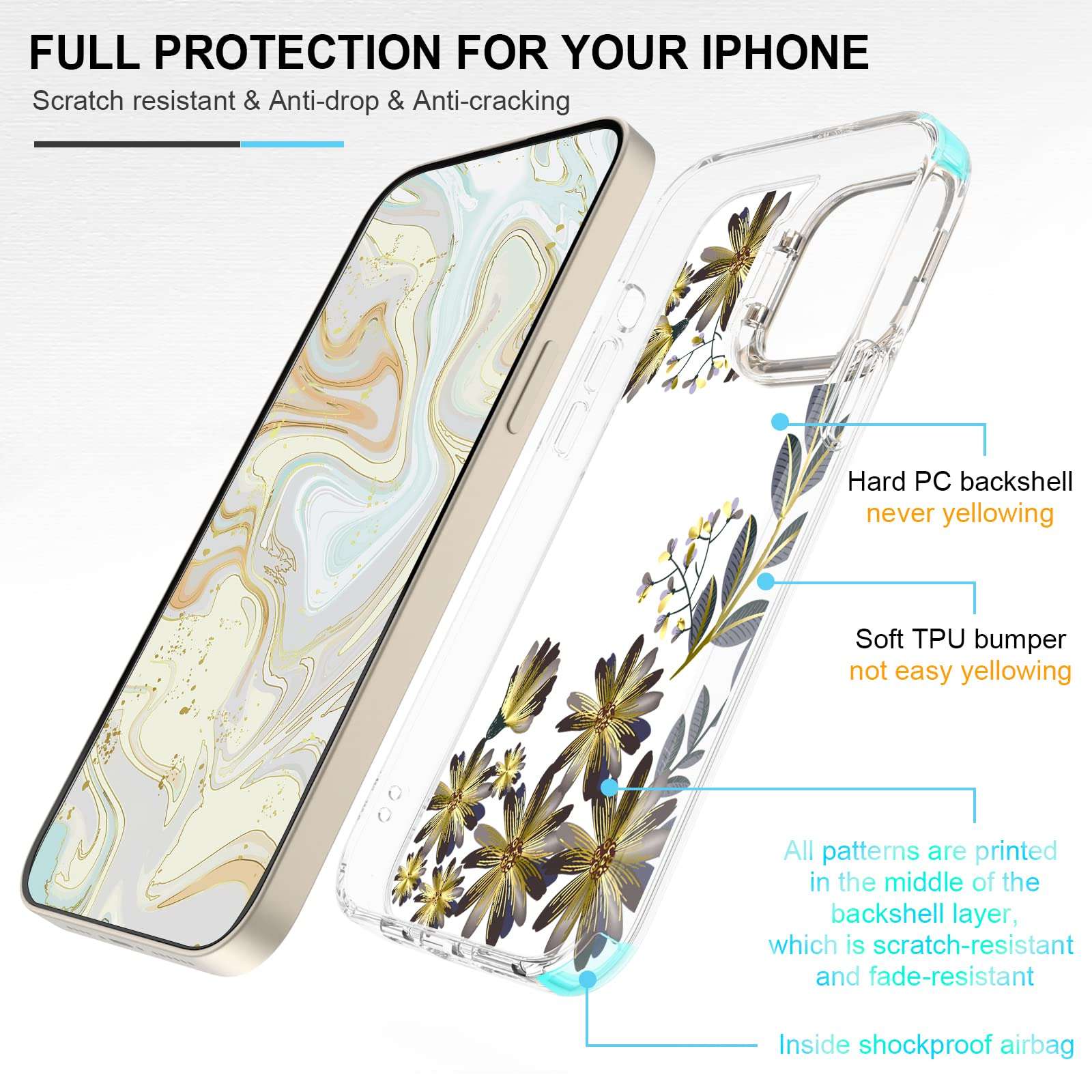 Youica Designed for iPhone 14 Pro Case for Women Girls[Kickstand][Clear Cute Glitter Slim Glod Flower Protective Cover][Military Grade Protection][Shockproof Anti-Scratch] Floral Phone Case 6.1" 2