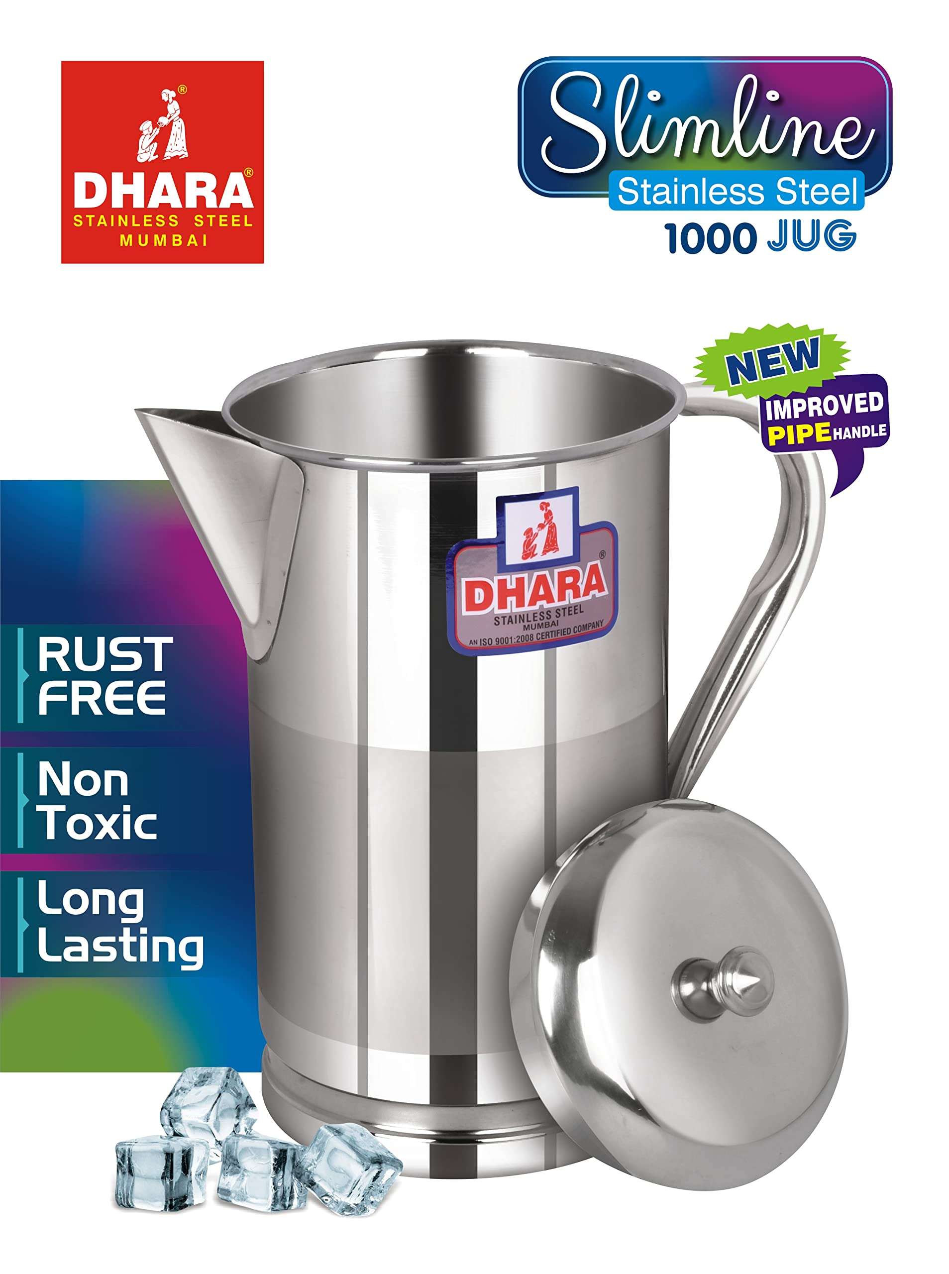 Dhara Stainless Steel 1L Water Jug with Lid, Slim Steel Jug for Dining Table Water Serving, Leakproof, Rust Resistant Easy Pour Slimline Pitcher 5