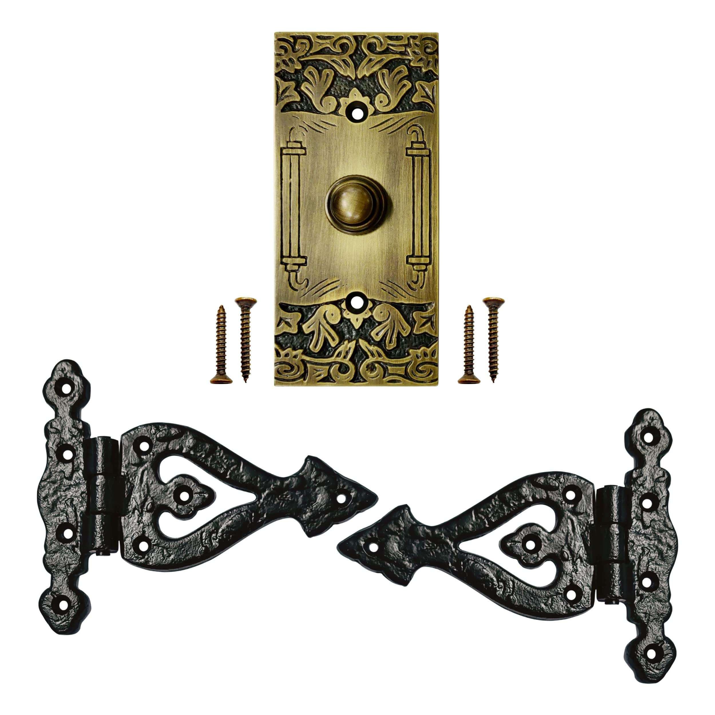 Akatva Doorbell Button with T Hinge Set – 2 Pieces Gate Hinges for Wooden Fences Heavy Duty – Bell Push Button – Doorbell Button Wired – Barn Hinges for Doors – Black Hinges – Antique Brass Finish 1