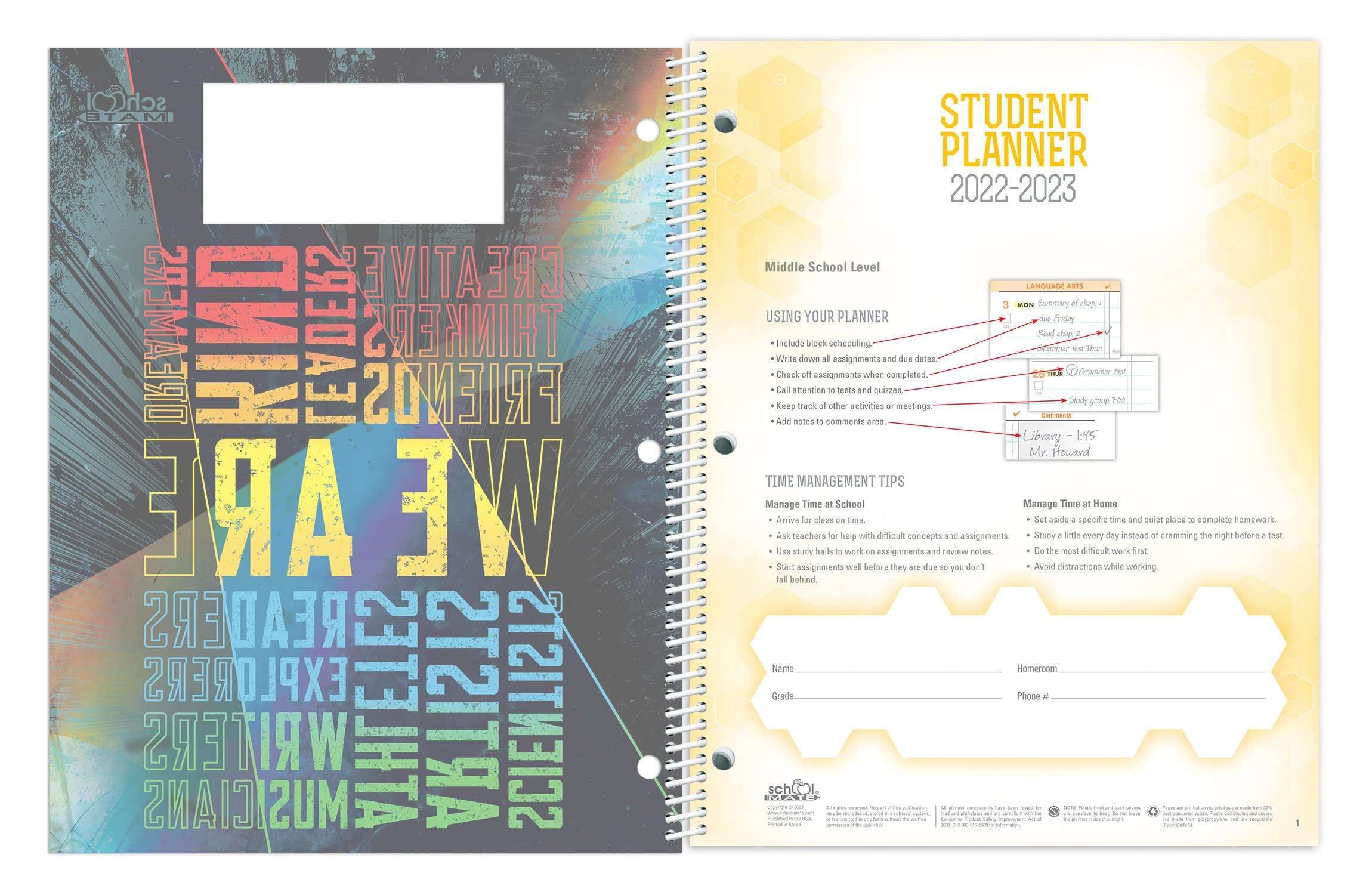 Dated Middle School Student Planner for 2022-23 Academic Year, School Mate Brand, 8.5"x11" Weekly Matrix Format 2
