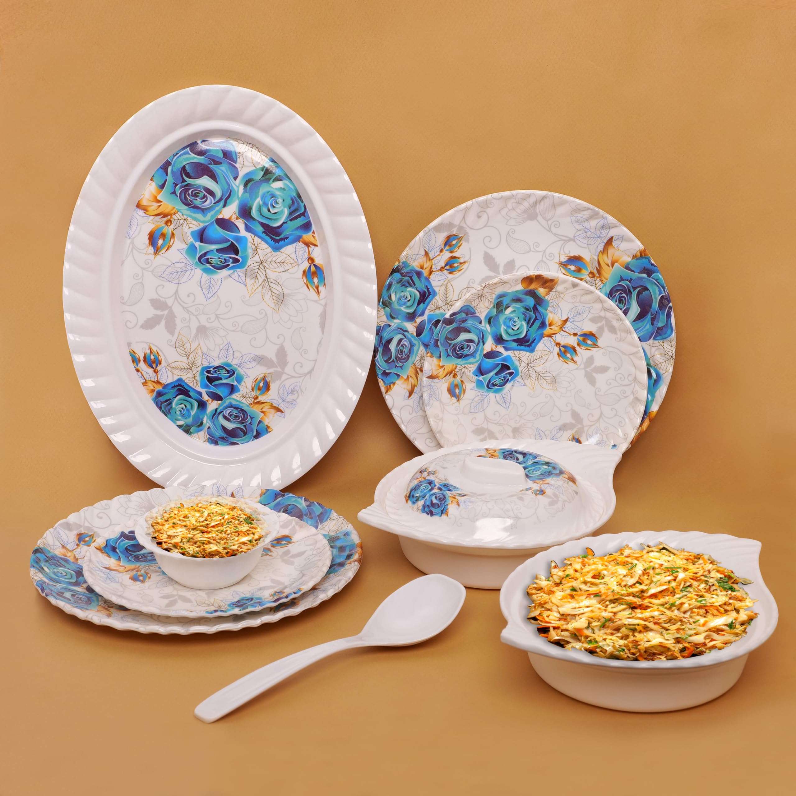 Home-Pro - 32 Pieces Melamine Dinner Set Royal Lehar, Stain Resistant, Beautiful Blue Flower Design Crockery Dinnerware in Exclusive Square Shape Set for Your Home Kitchen and Gifting 6