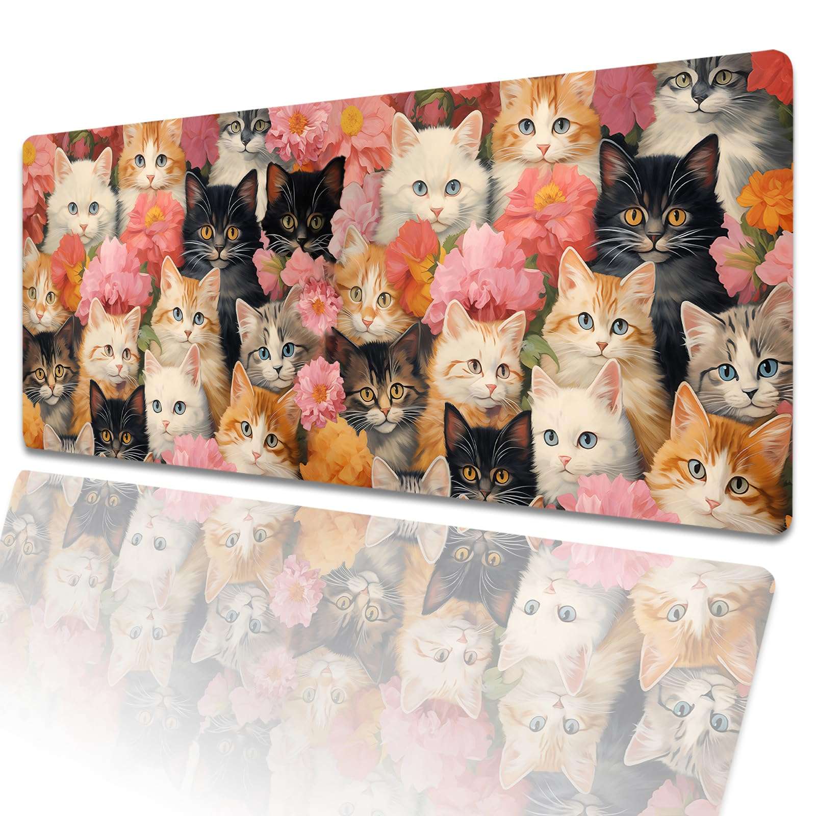 amepay Cute Cat Gaming Mouse Pad 31.5 x 11.8 Inch,Kitten Flower Large Extended Desk Mat with Non-Slip Rubber Base,Floral Big Mousepad for Laptop Computer PC,for Office Gamer Home Decor,Deskmat Gifts 1
