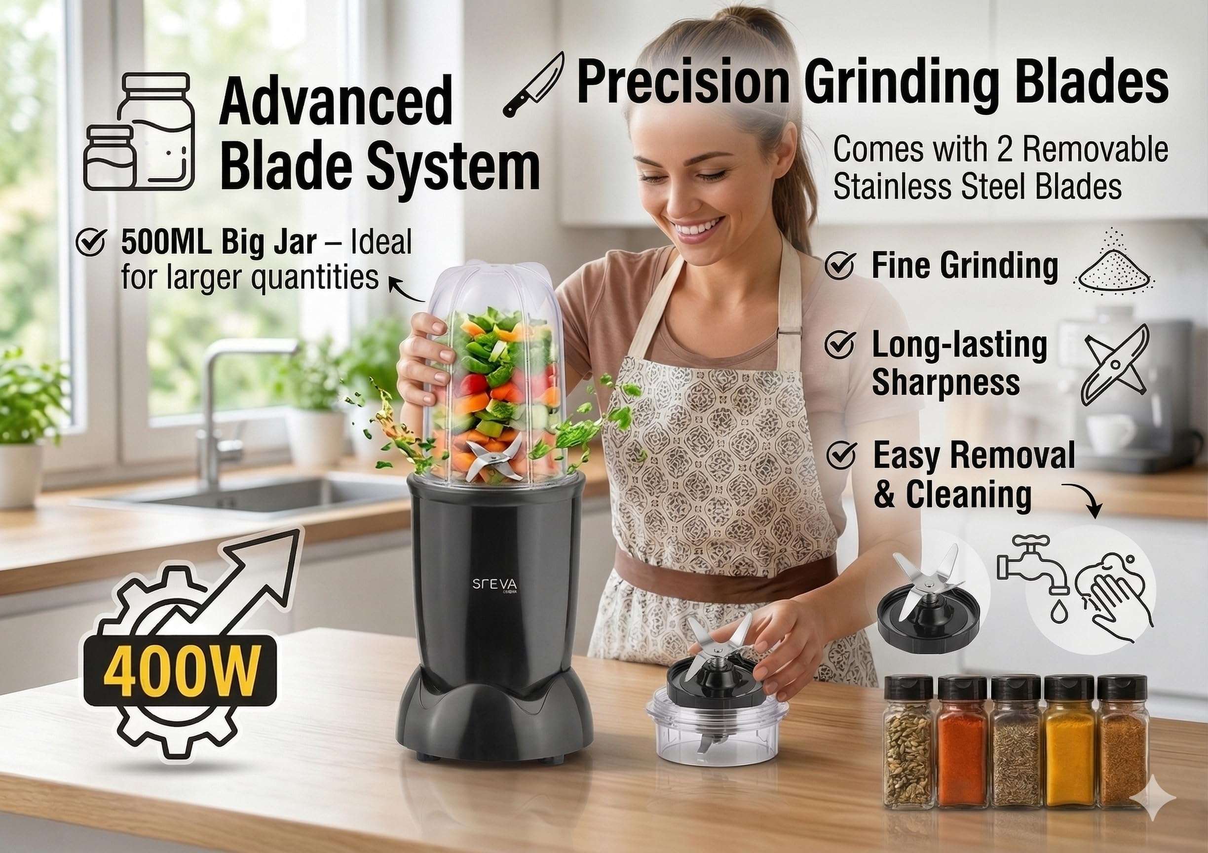 STEVA Nutri Blender Powerful 400W Motor Versatile Jar Set Safety Features for Smoothies More 6