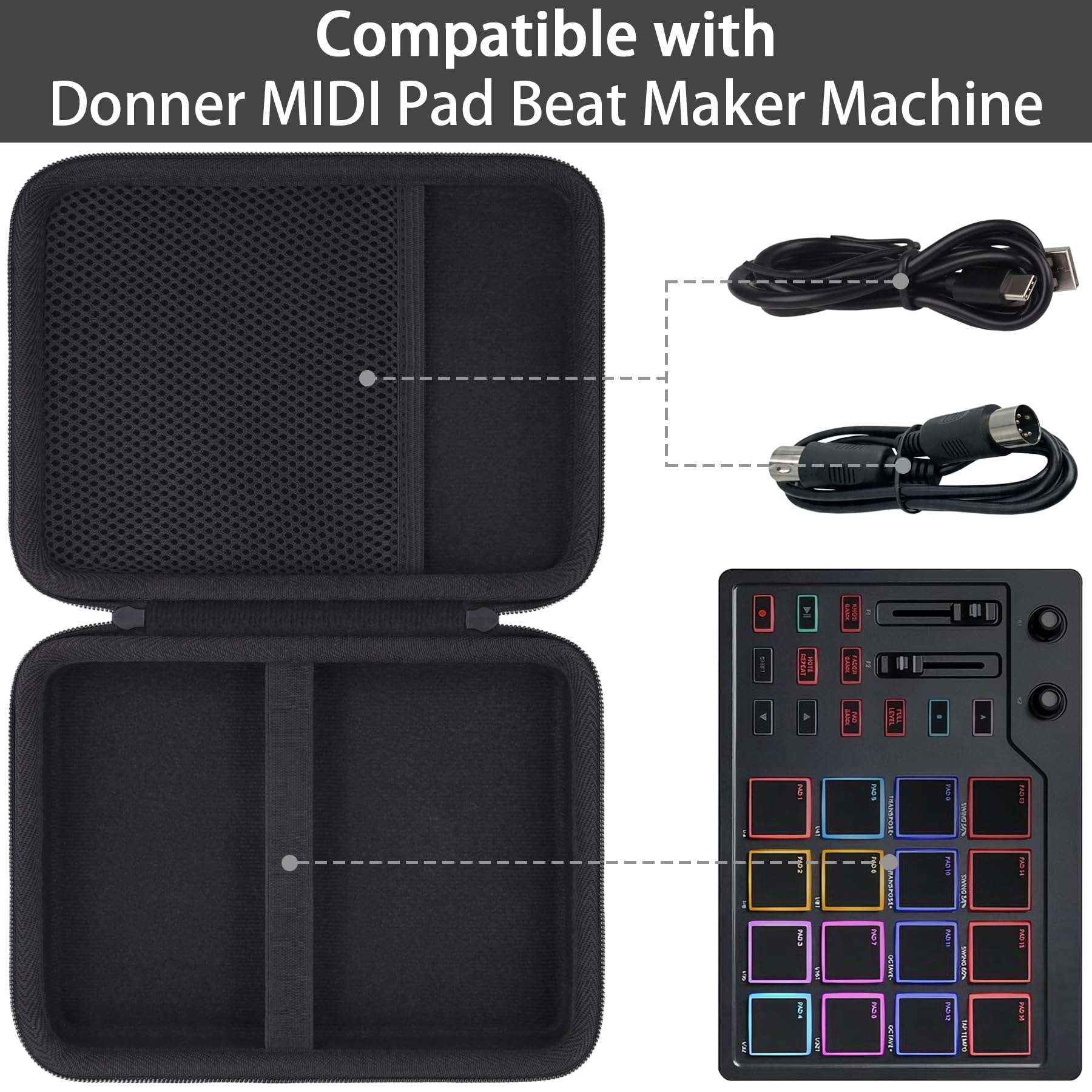 Baval Hard Carrying Case for Donner STARRYPAD MIDI Pad Beat Maker Machine DPD-16, Protective EVA Storage Case with Mesh Pocket, Shockproof Portable Bag for Music Production & Travel 4