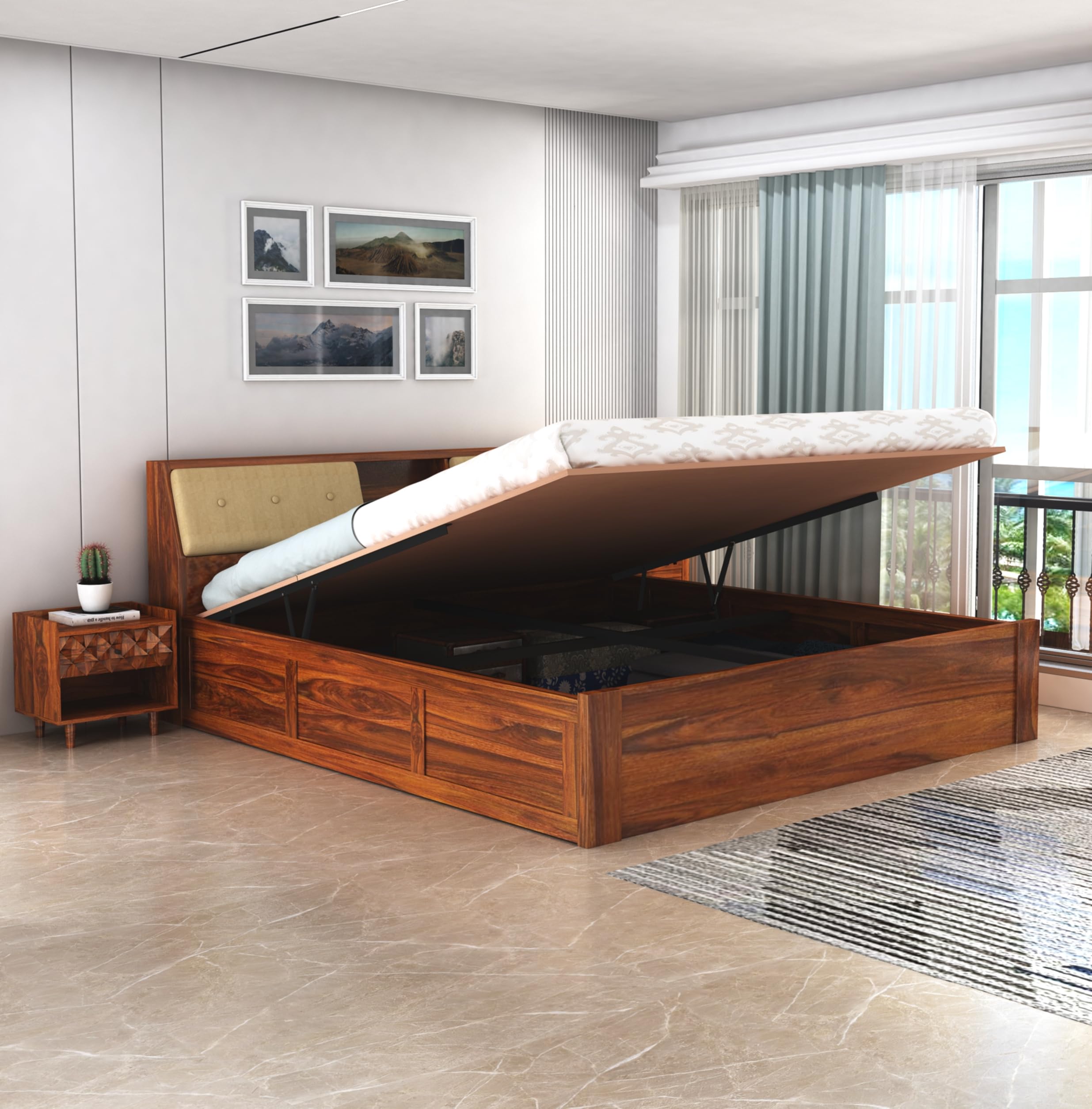 T.G. FURNITURE Solid Sheesham Wood Queen Size Bed with Hydraulic Storage for Home Living Room Bedroom Wooden Queen Size Cot Bed Palang (Natural Finish) | 1 Year Warranty