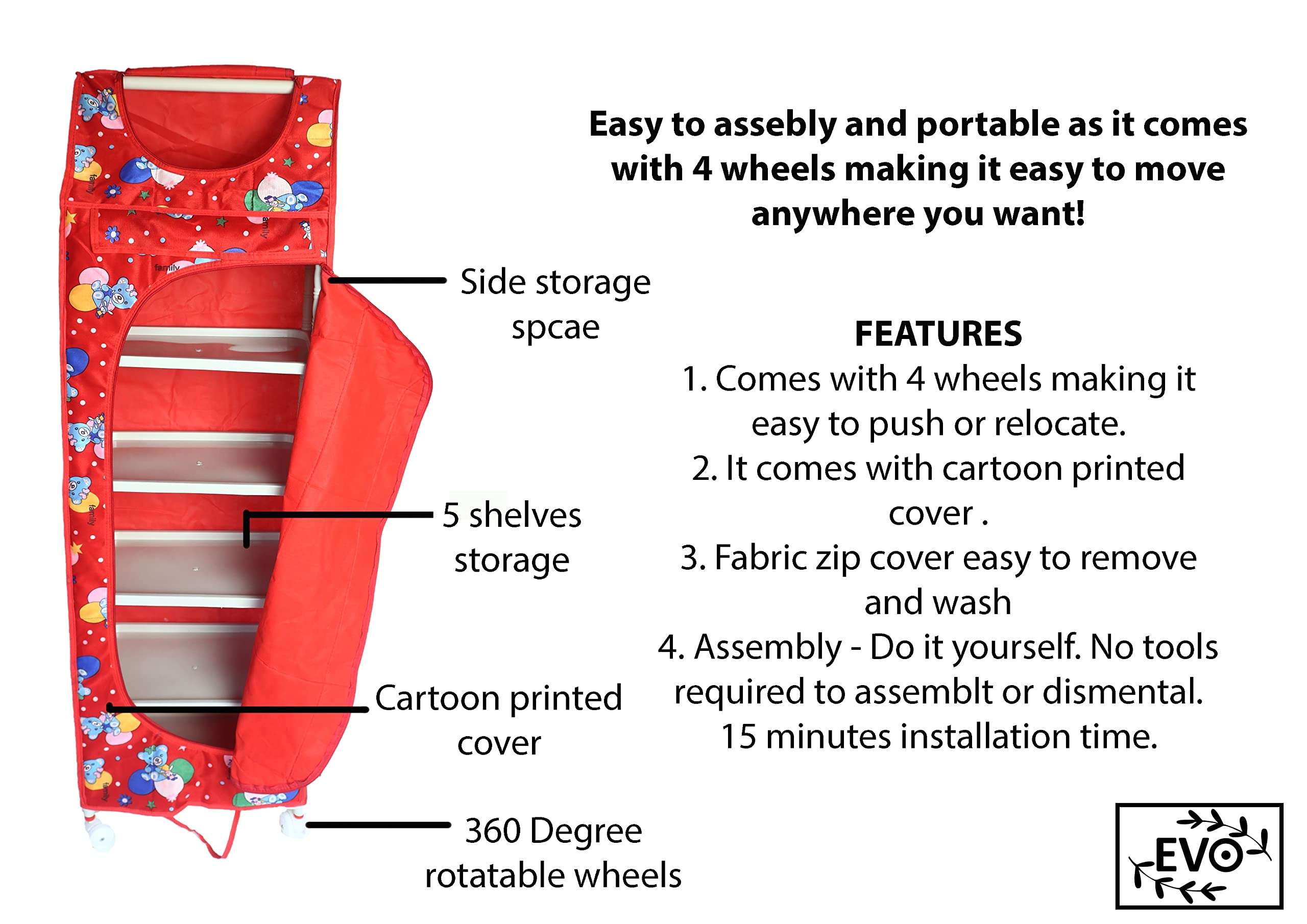 Evoshine® Colorful Design Cotton 6 Cabinet Hanging Baby Almirah, Kids Wardrobe, Cloth Organizer, Folding Almirah, Toy Box (Red) 6