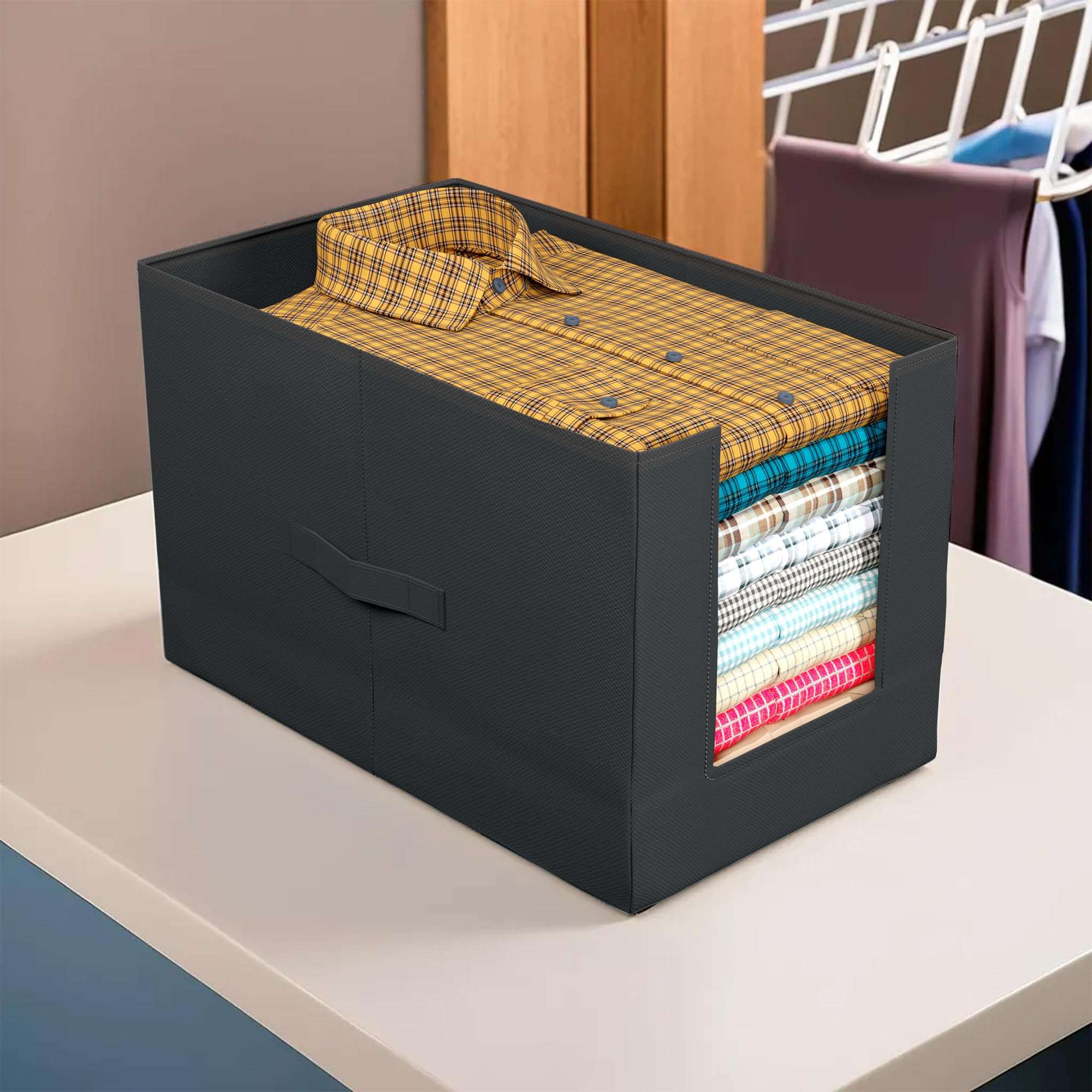 Kuber Industries Non-Woven Shirt Stacker/Clothes Organizer|Solid Color & Foldable Non Woven Material|Closet & Wardrobe Organizer|Size 40 x 20 x 25 Cm, Pack of 4 (Black) 3