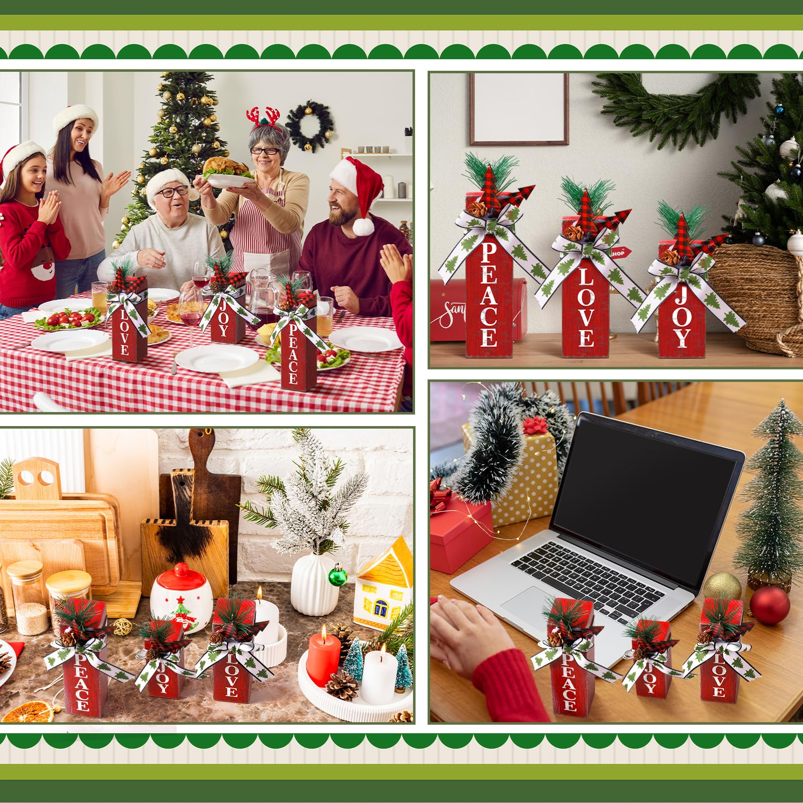Shellwei 3 Pcs Christmas Table Centerpieces Christmas Rustic Wood Presents Xmas Wooden Faux Blocks Christmas Tiered Tray Decor with Buffalo Plaid Bowknot Pine Cone Berries for Holiday Party Decoration 6