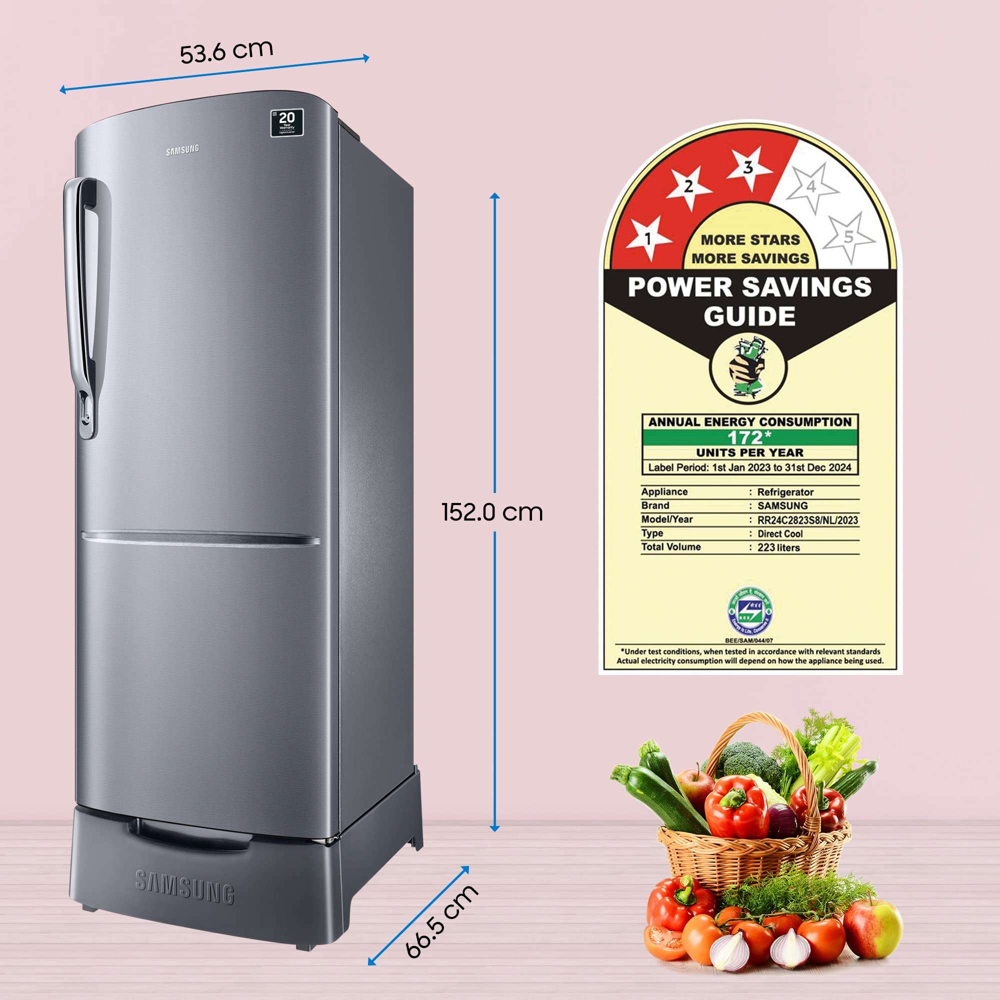 Samsung 223 L 3 Star Digital Inverter Direct Cool Single Door Refrigerator (RR24C2823S8/NL, Silver, Elegant Inox, Base Stand with Drawer 2023 Model) 6